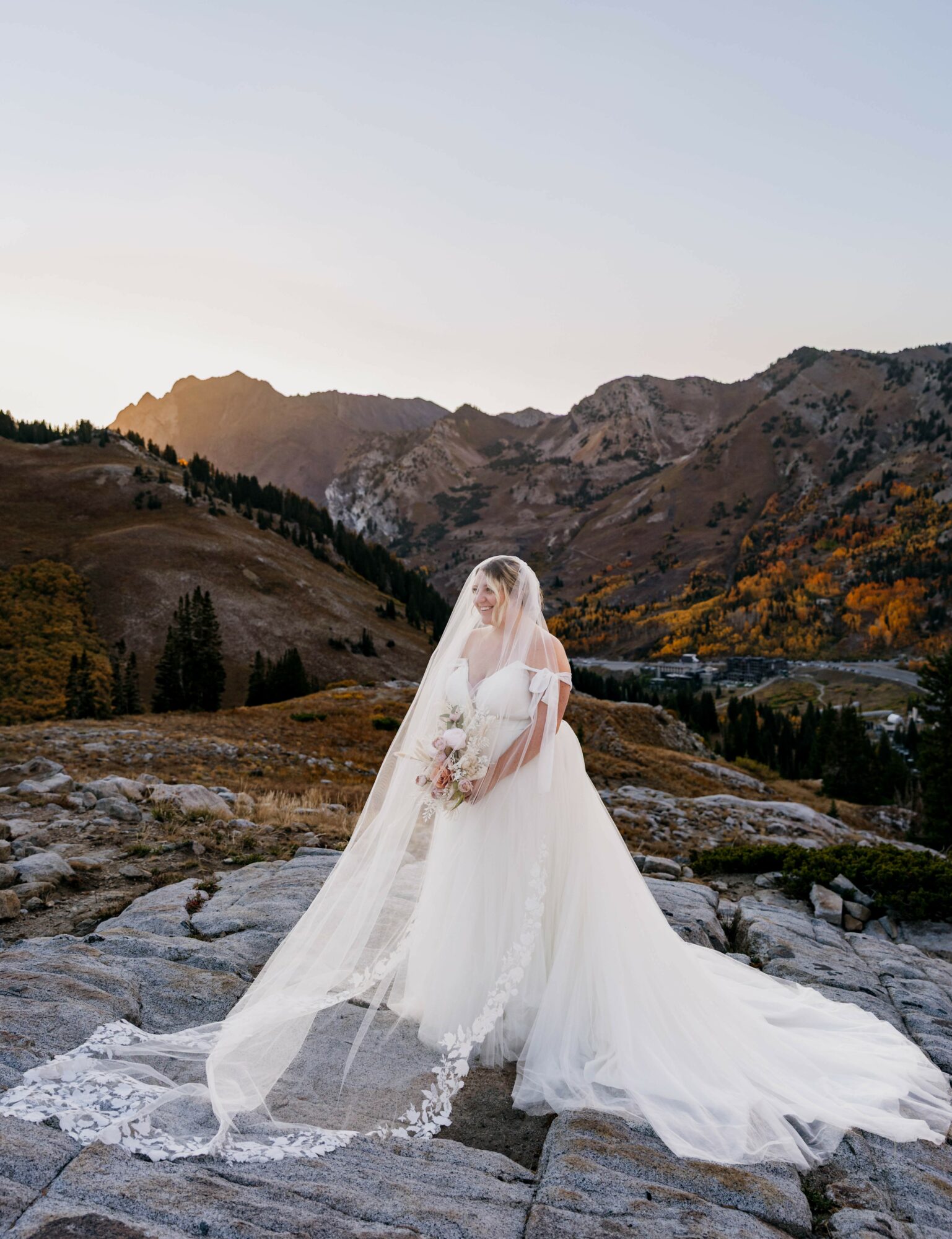 Bride in wedding dress and veil standing on rocky terrain with mountains and trees in background.