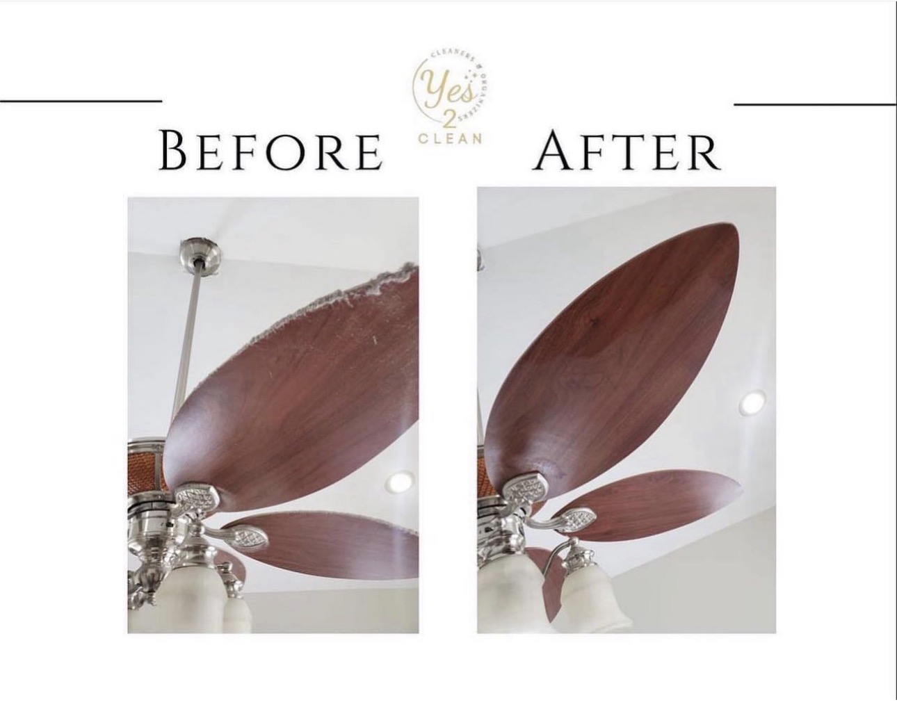 Comparison of ceiling fan blades before and after cleaning, showing cleaner blades after cleaning.