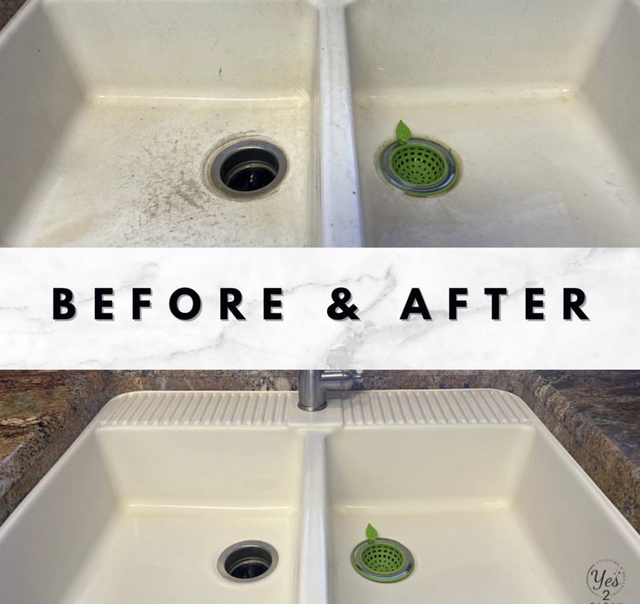 Comparison of dirty and clean kitchen sinks, showing removal of grime and dirt in the after image.