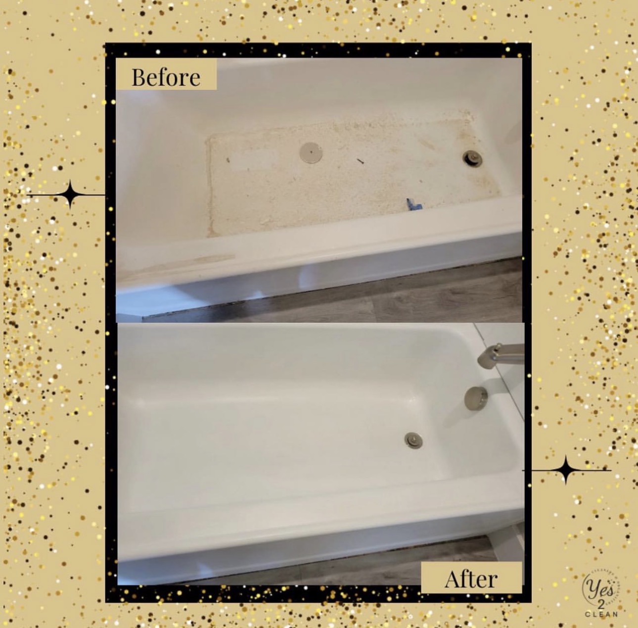Comparison of bathtub before and after cleaning, showing a cleaner, brighter surface in the after image.