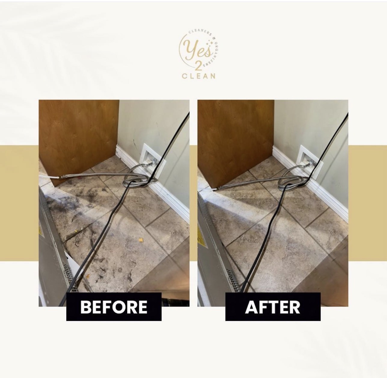 Cleaning tools and cords on tiled floor, before and after cleaning, with a door and wall in the background.