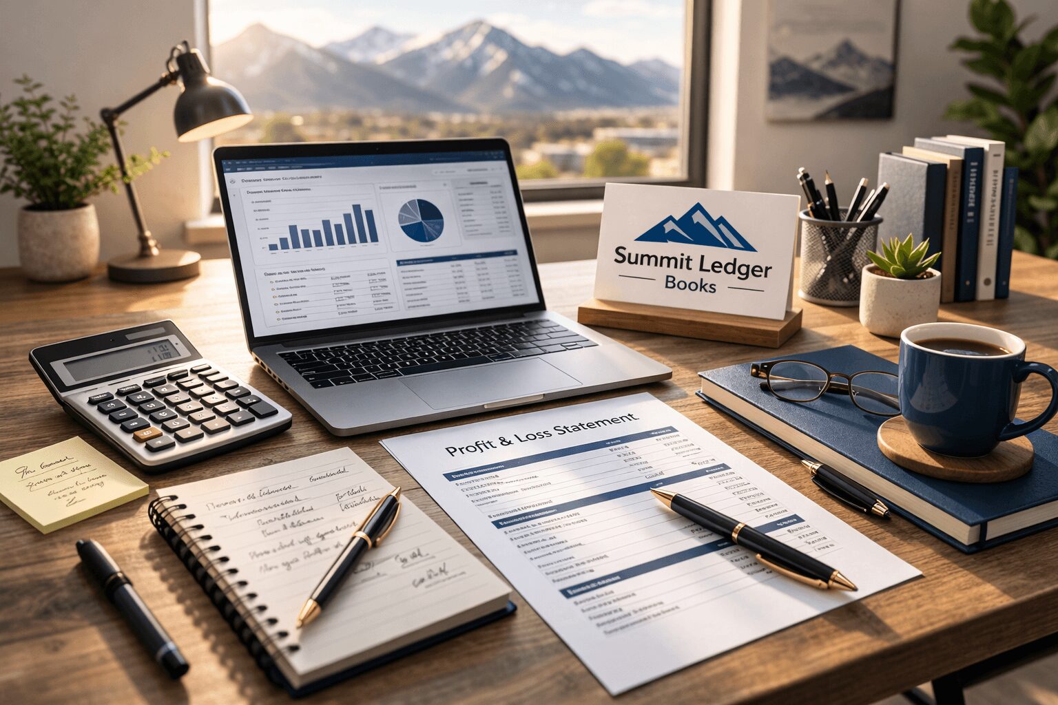 Desk with laptop displaying graphs, calculator, notepad, pen, documents, mug, and books near window with mountain view.