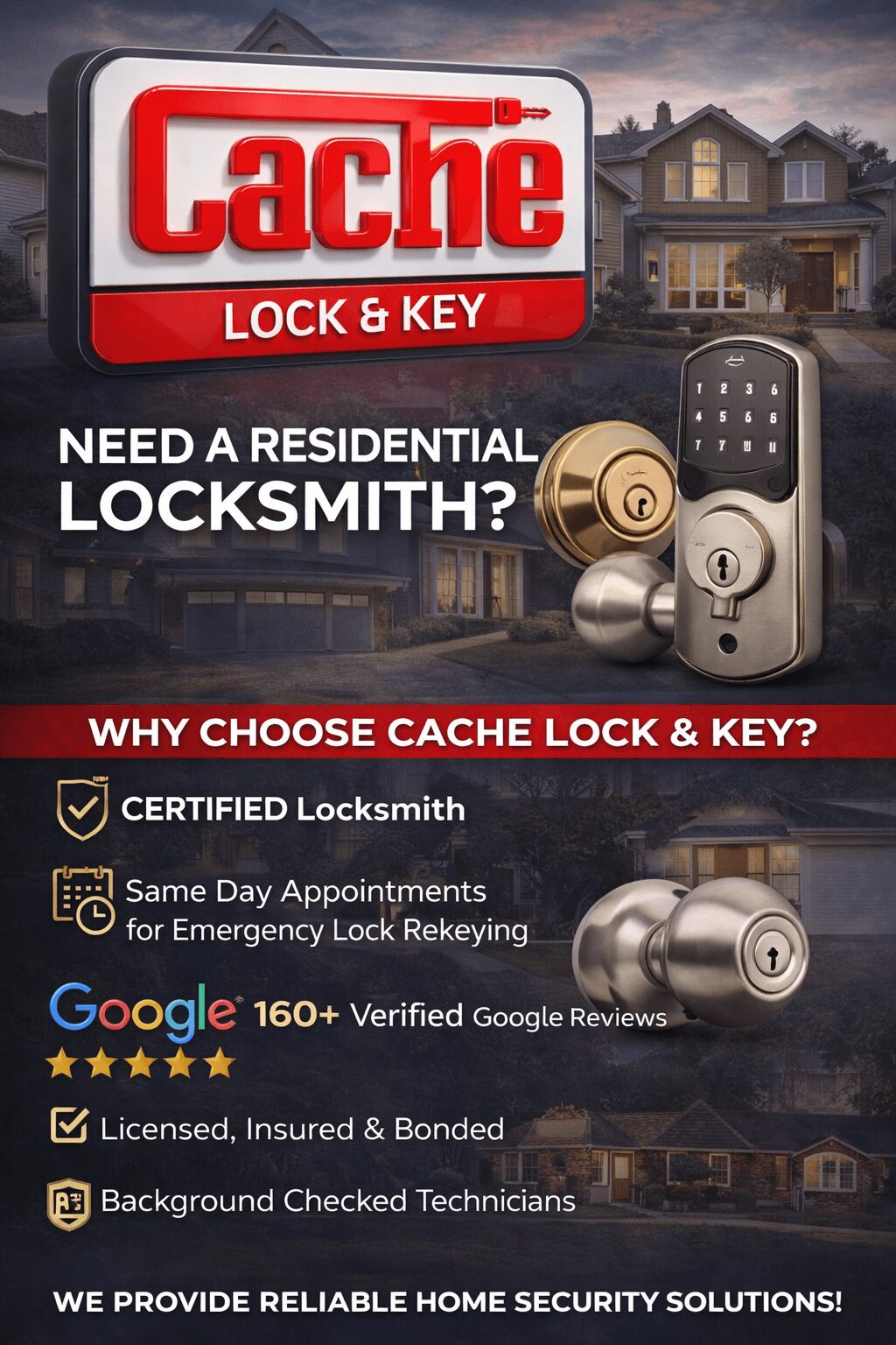 Advertisement for Cache Lock & Key locksmith services featuring lock hardware and a residential house in background.