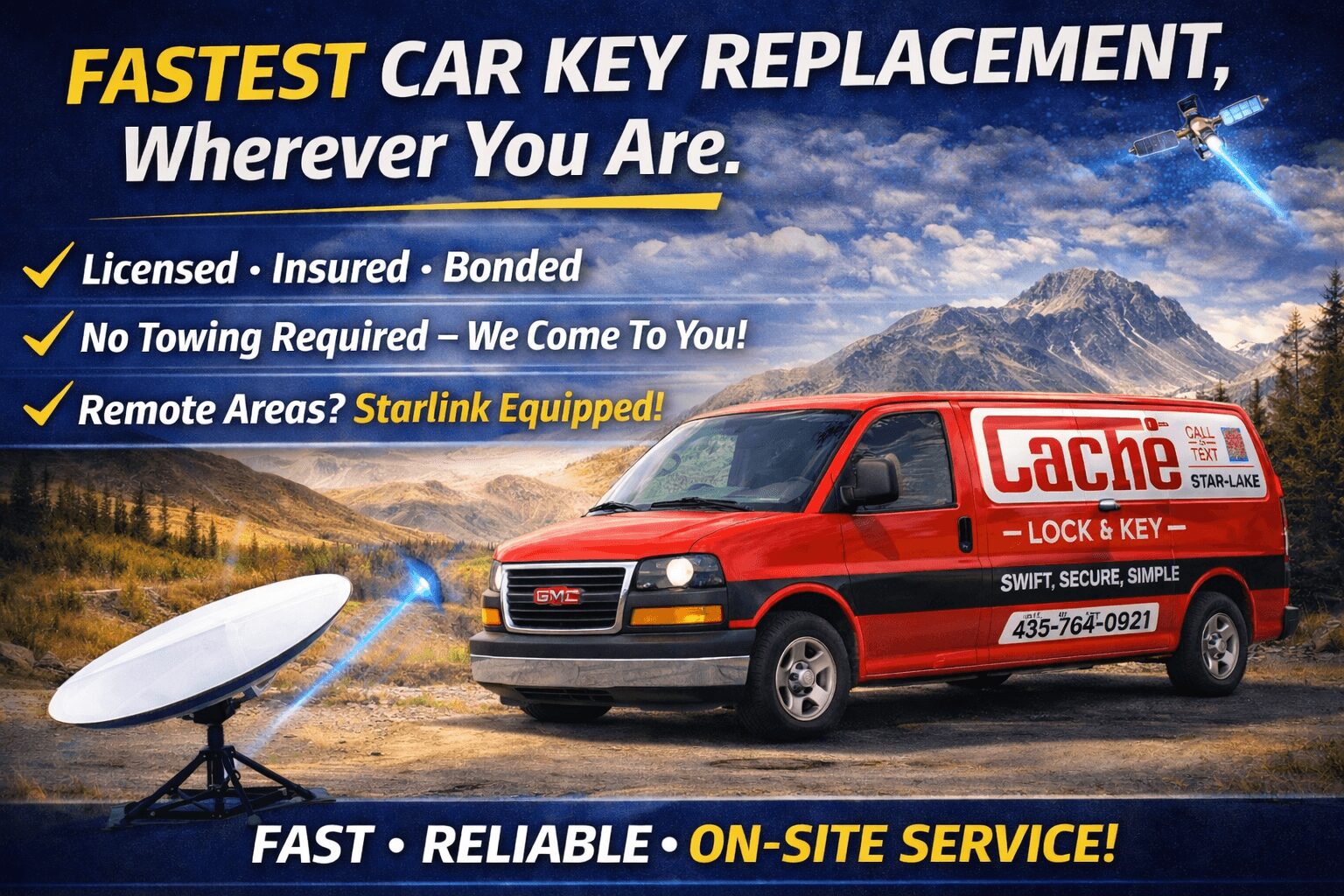 Red service van with Cache logo parked on a road with satellite dish and sky background.