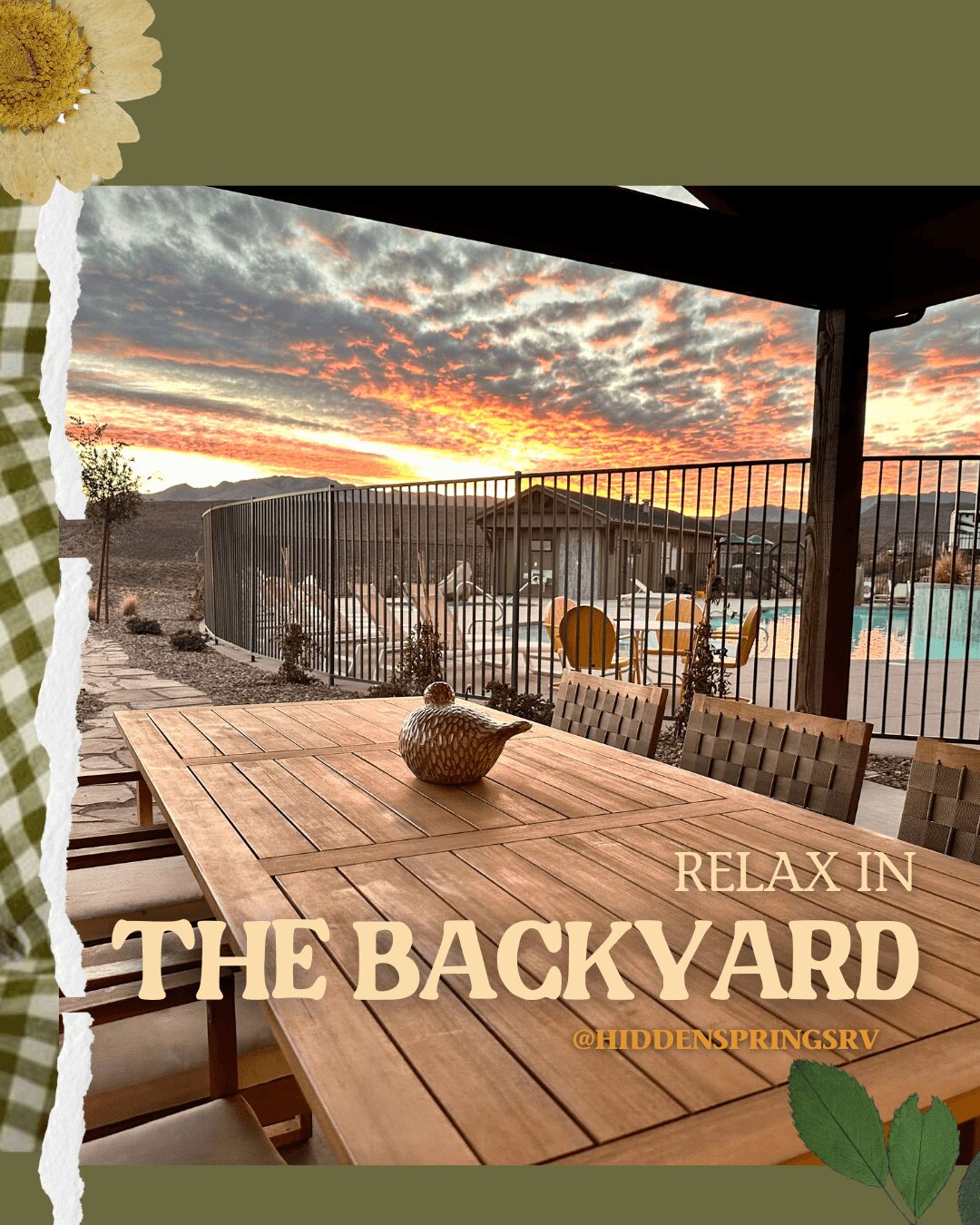 Outdoor patio with wooden table, chairs, and a backyard with a pool and sunset sky.