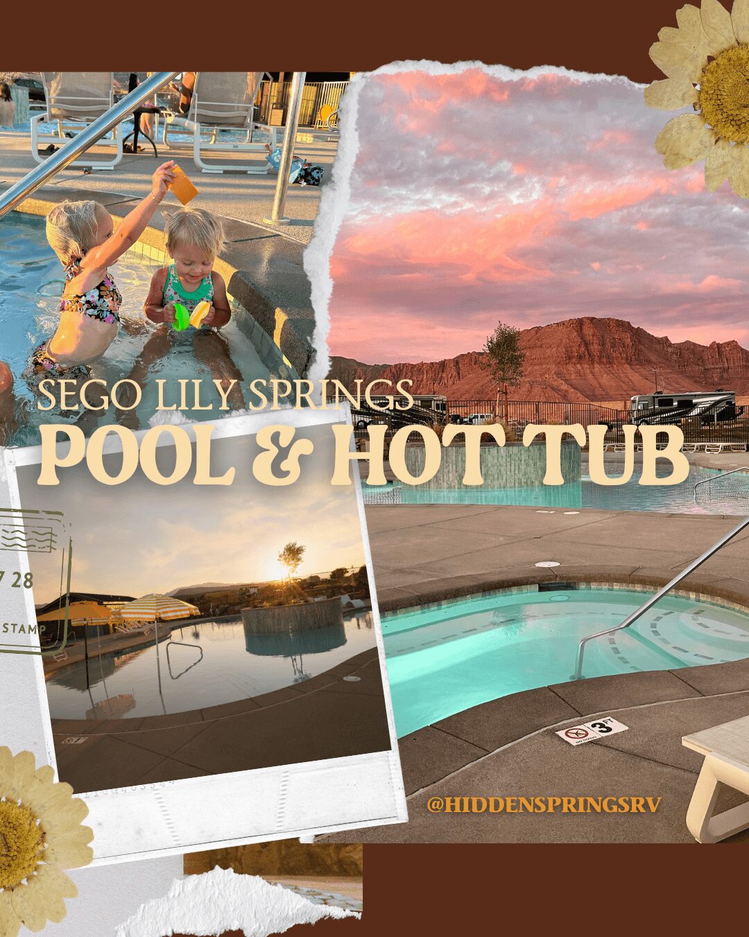 Children playing in a pool with a sunset sky and hot tub in the background, surrounded by flowers and text overlay.