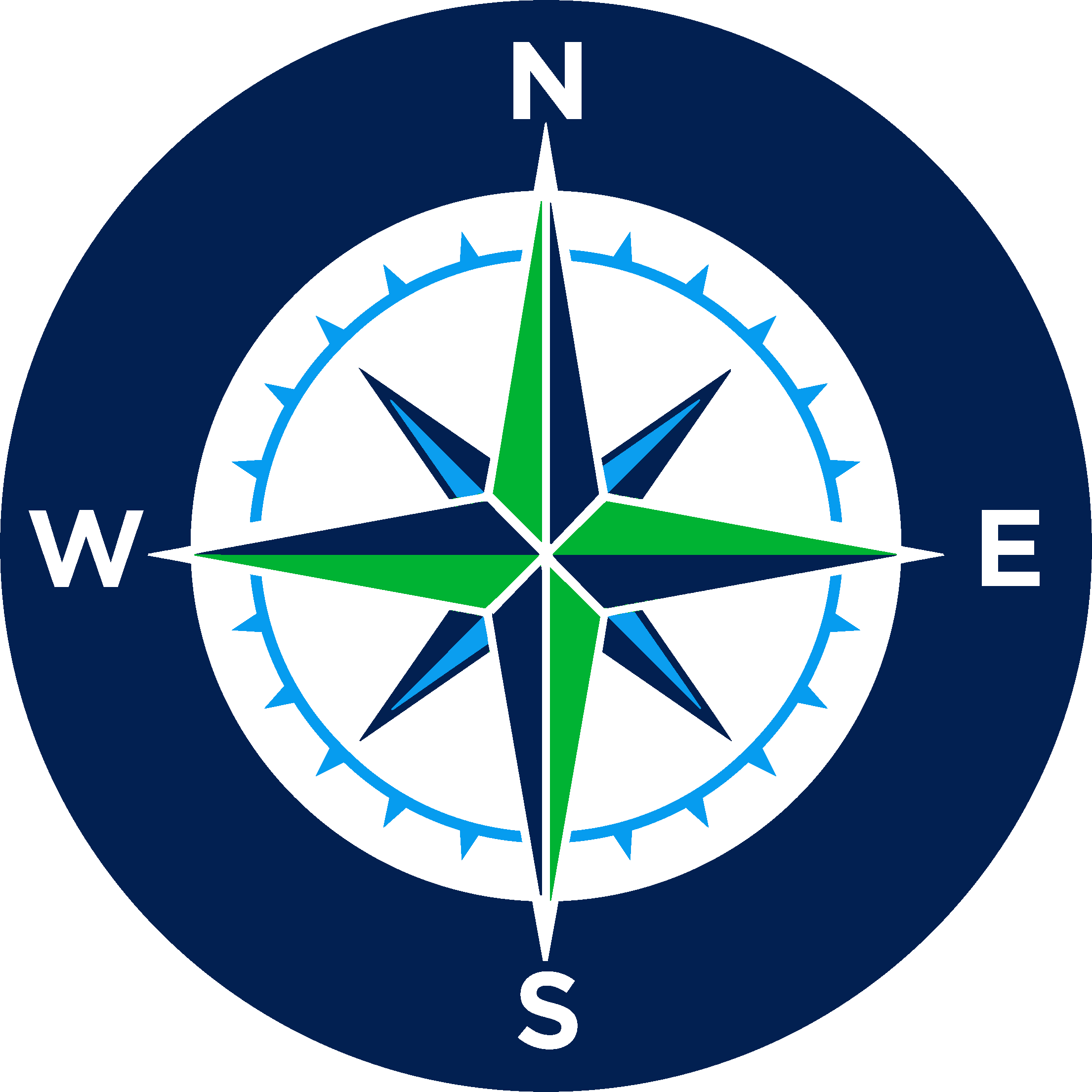 Compass rose with blue, green, and white markings indicating north, south, east, and west directions.