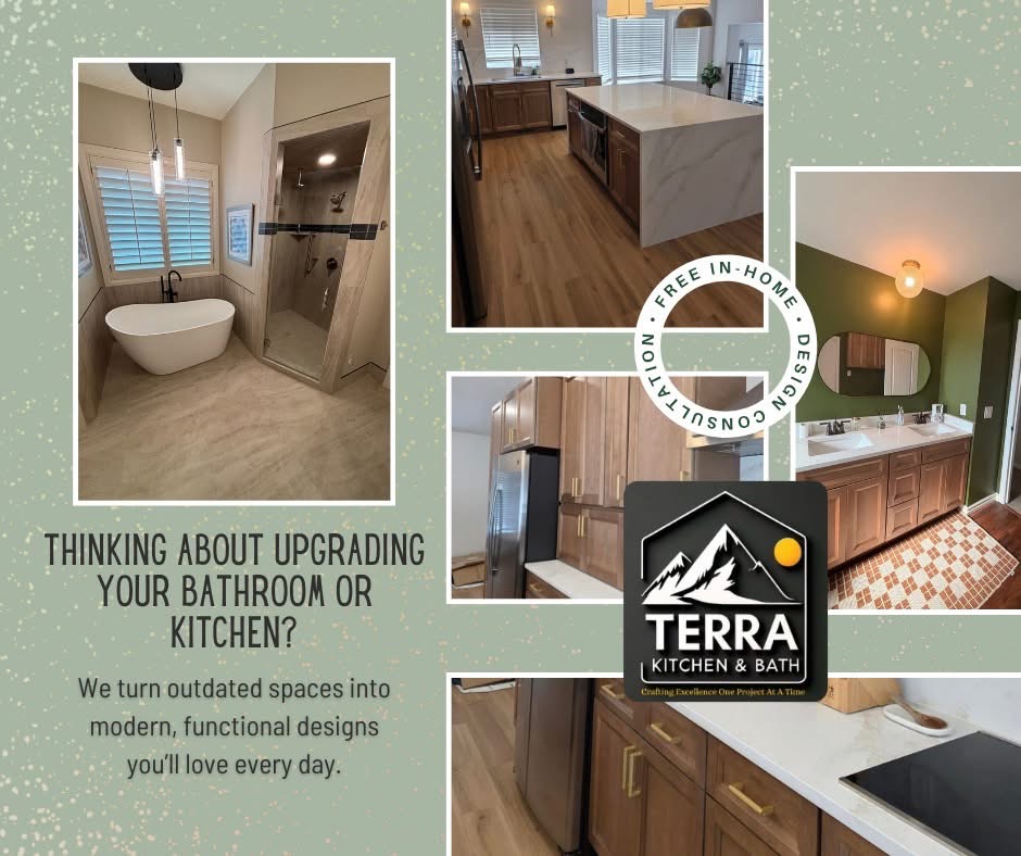 Bathroom with bathtub, shower, and window; kitchen with island and wooden cabinets; bedroom with bed and lamp; kitchen with cabinets and sink.