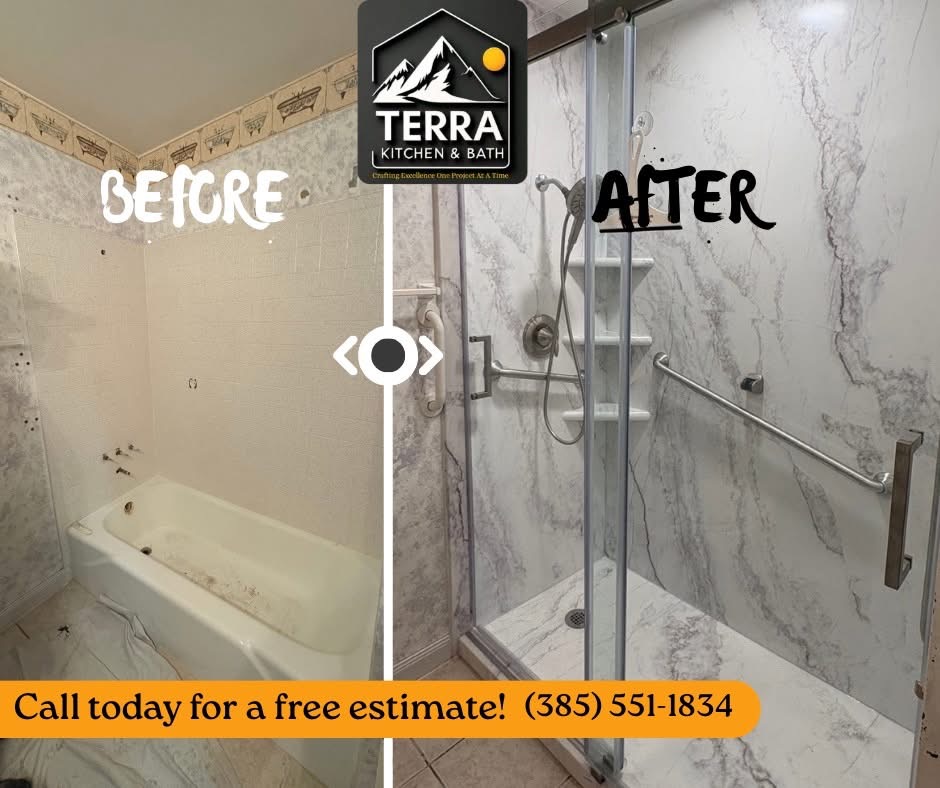Bathroom before and after renovation, showing bathtub and shower area with marble walls, labeled 'BEFORE' and 'AFTER'.