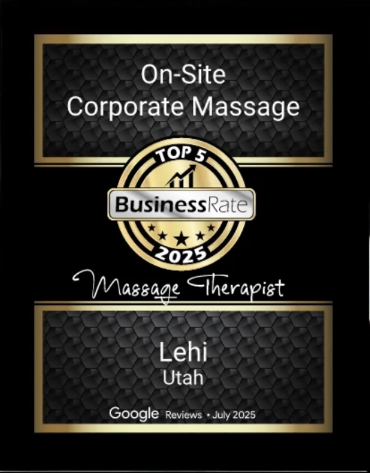 Certificate for on-site corporate massage therapy, awarded to Lehi, Utah, with a gold and black design and Google reviews.