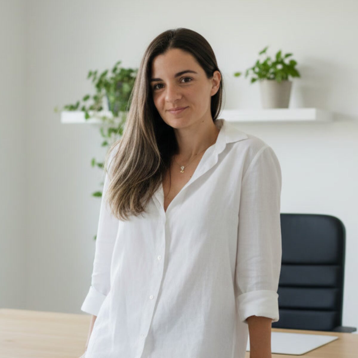Woman with long brown hair in a white shirt standing indoors with plants and a chair behind her.