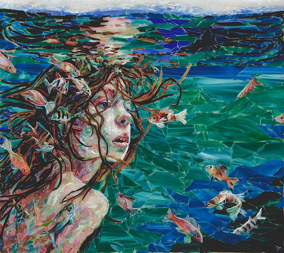 Portrait of a woman with flowing hair near water with fish swimming, in a colorful, abstract style.