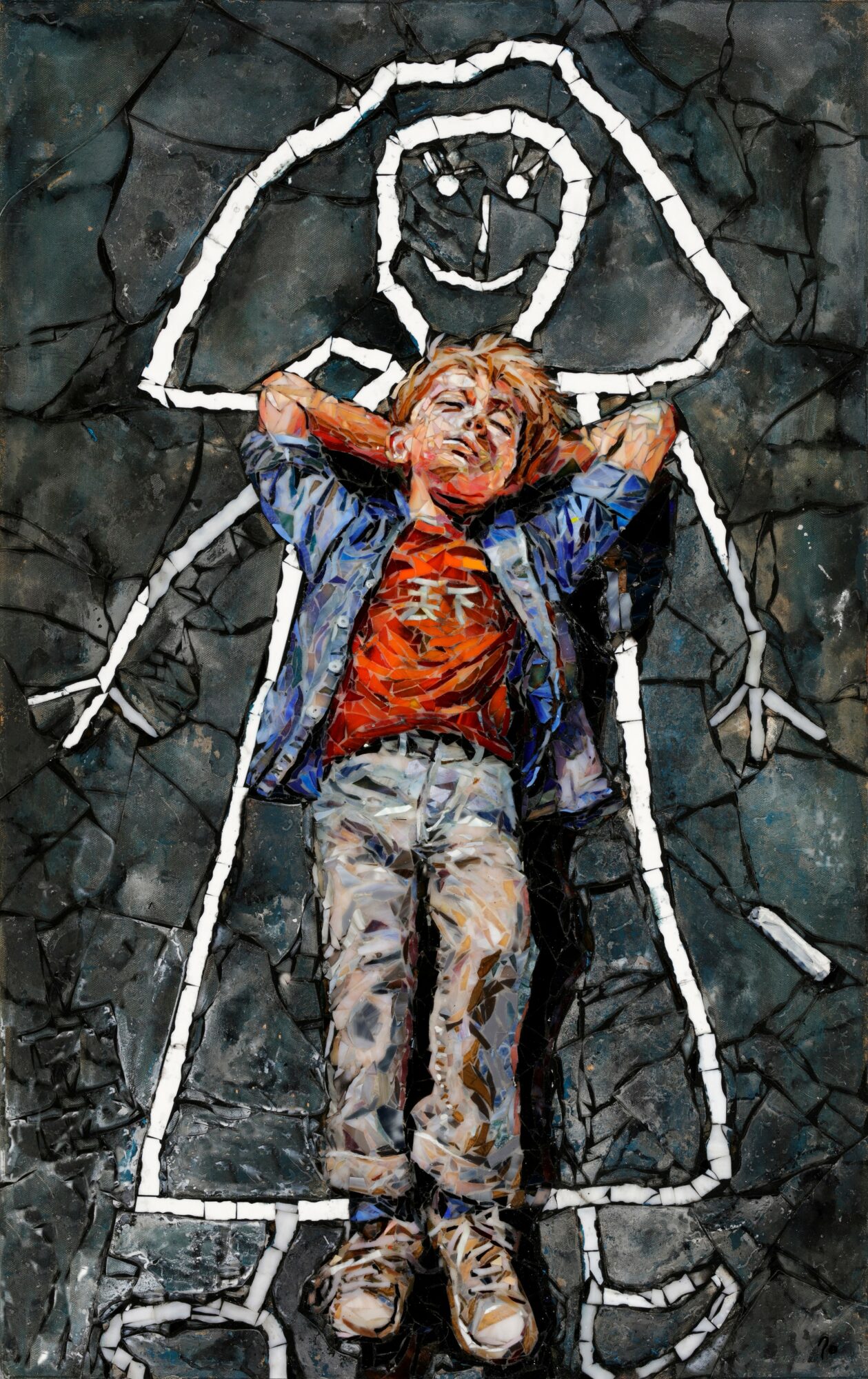 Child with hands behind head standing in front of a chalk drawing of a person on a dark background.