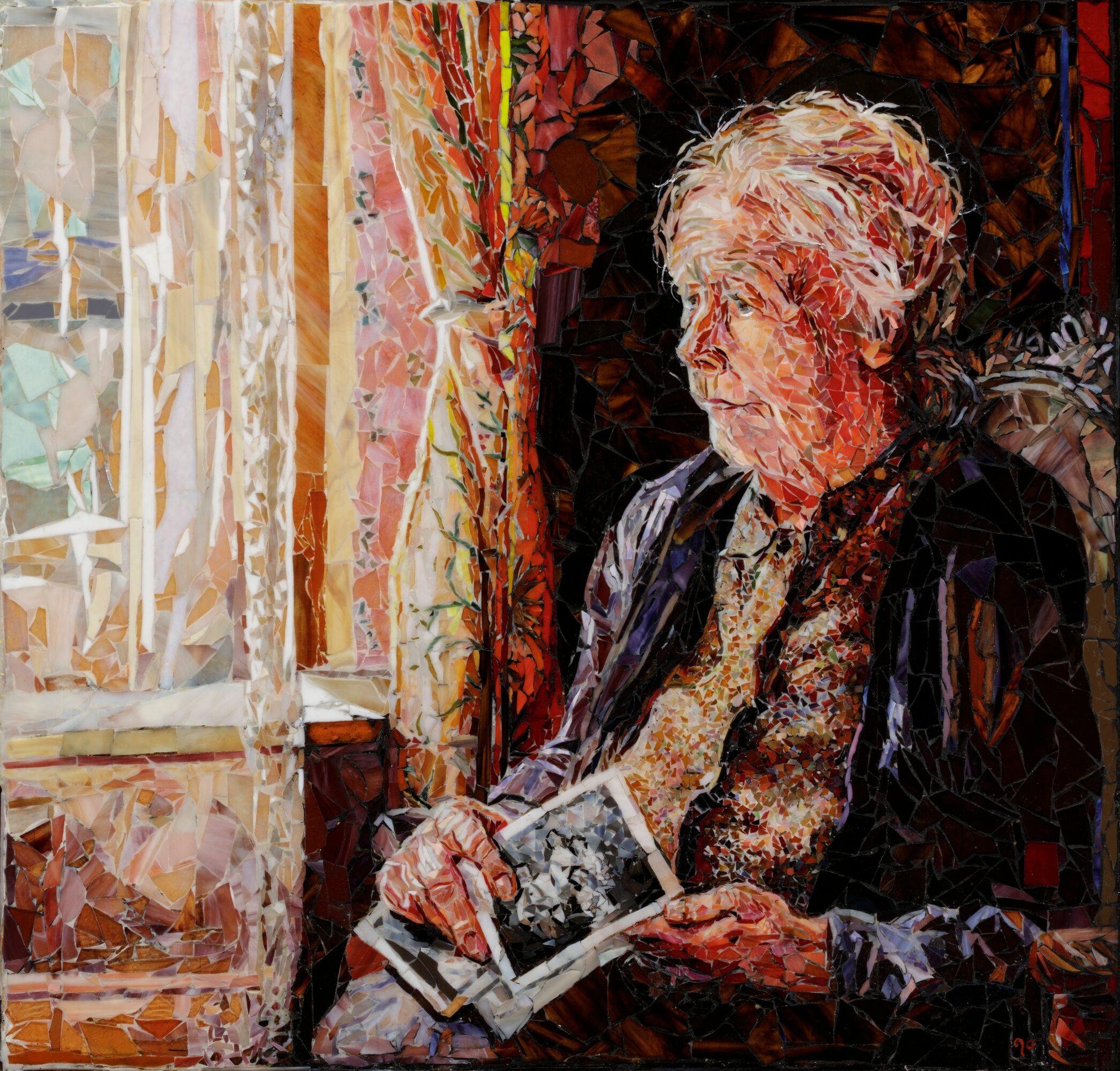Elderly woman with white hair reading a book near a window, sitting indoors, detailed textured painting style.