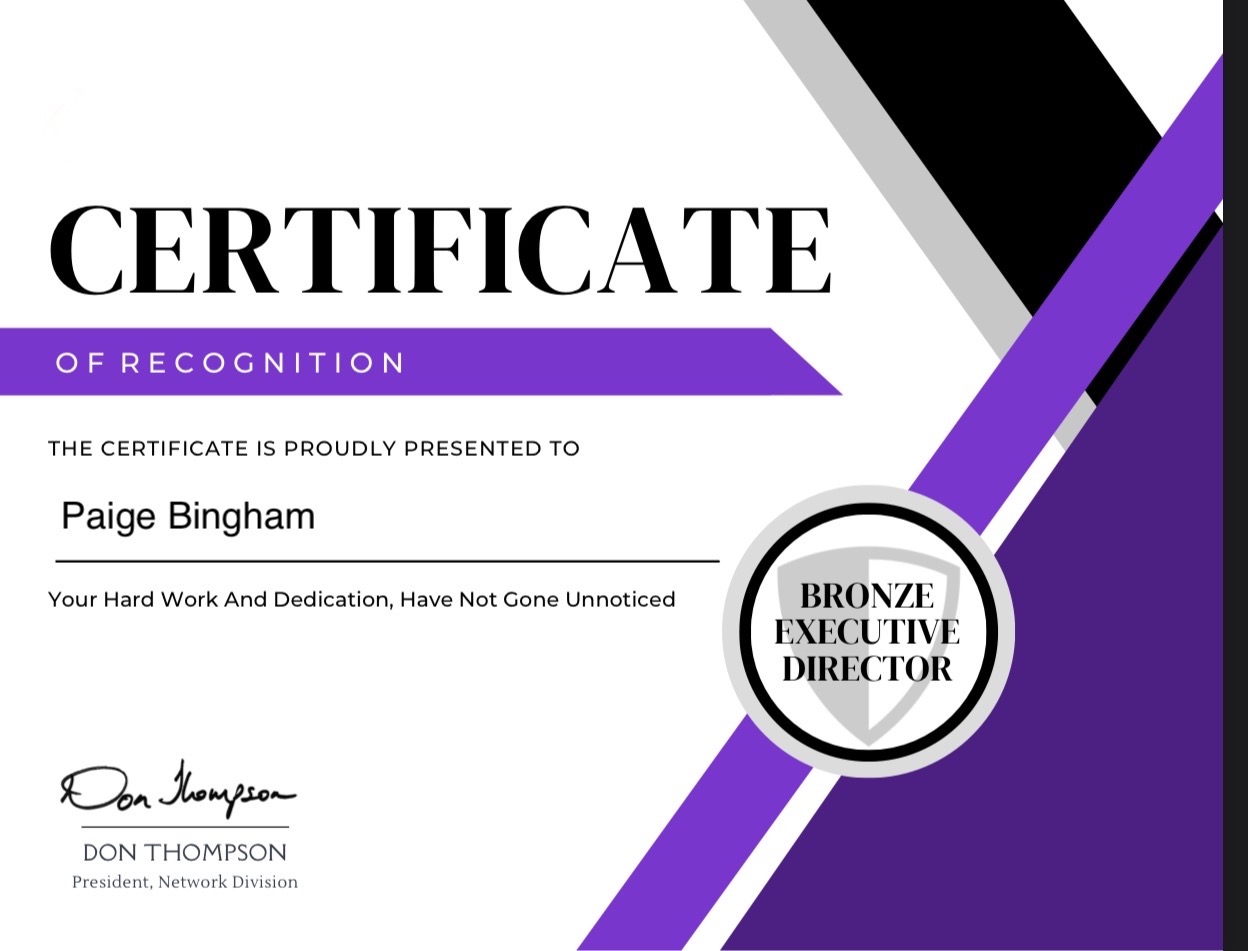 Certificate with purple, black, and gray design elements, awarded to Paige Bingham for recognition, signed by Don Thompson.