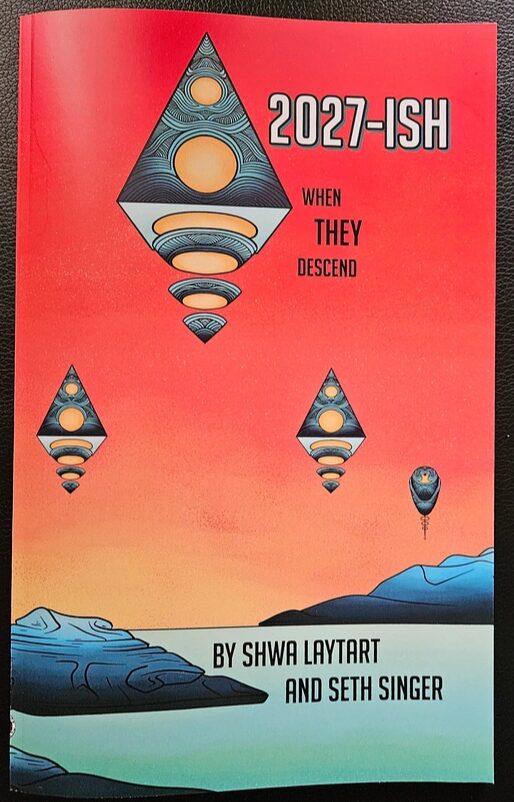 Book cover with geometric shapes and text, featuring a red background and a landscape at the bottom.