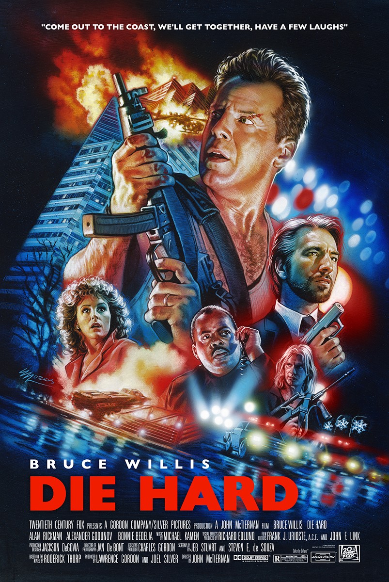 Movie poster featuring Bruce Willis holding a gun, with explosions, cityscape, and other characters in the background.