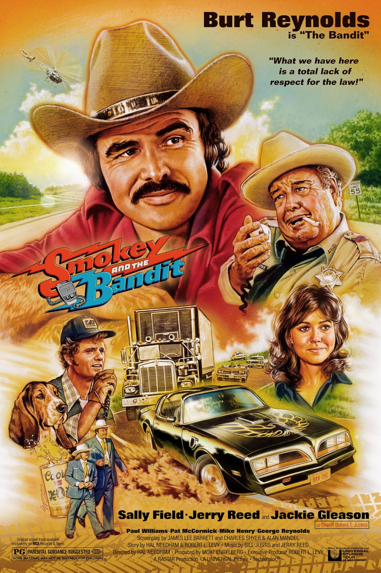 Movie poster featuring Burt Reynolds in a cowboy hat, with a sheriff, a woman, a dog, a car, and a truck in the background.