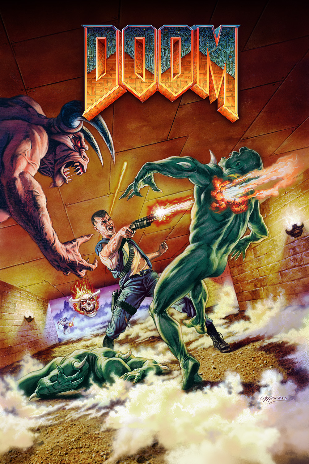A battle scene with a man shooting a green creature with fire, a large monster, and a fiery background.