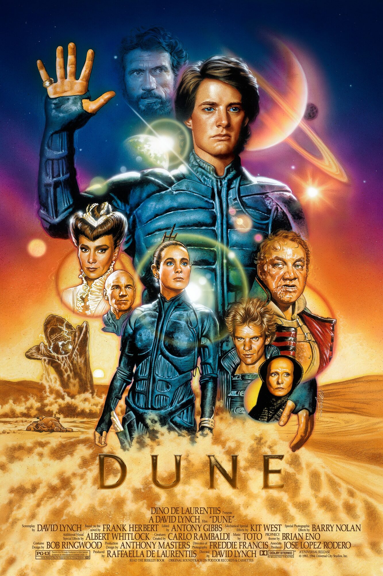 Group of characters in space suits with planets and a desert landscape in the background, featuring a woman and a man with a glowing orb.