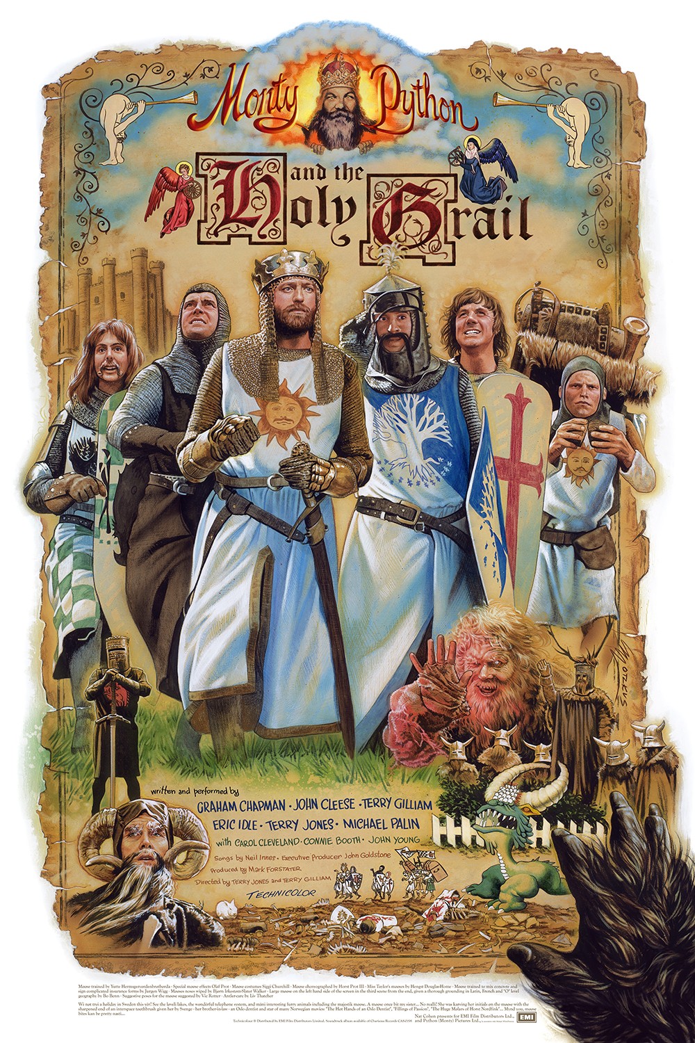 Group of medieval characters in front of a scroll with title, including a king, knight, and wizard, with a dragon and castle background.