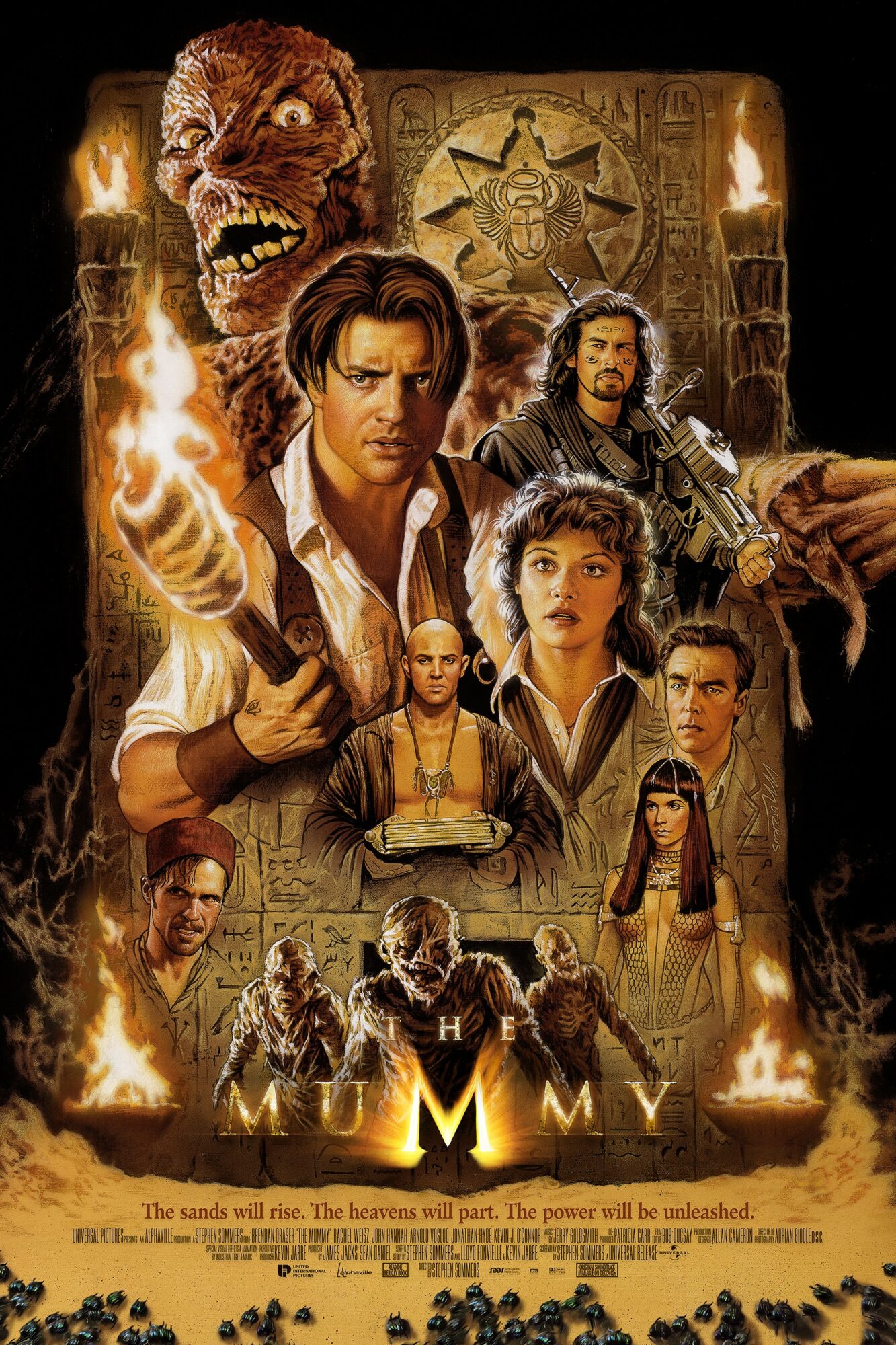 Group of characters from a sci-fi movie, with a large creature and ancient symbols in the background, flames in the foreground.