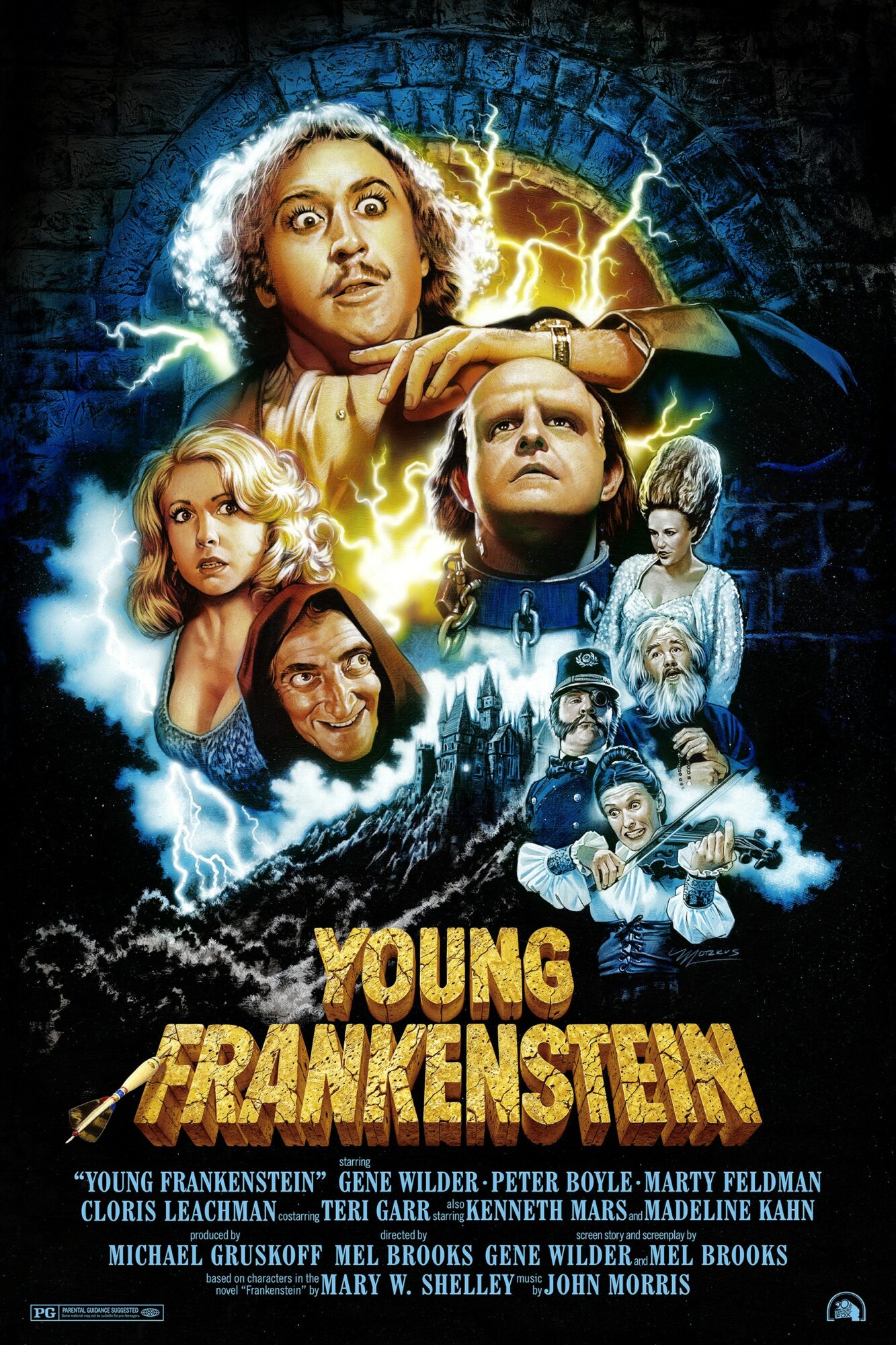 Group of children and a woman with lightning and stormy background, movie title 'Young Frankenstein' below.