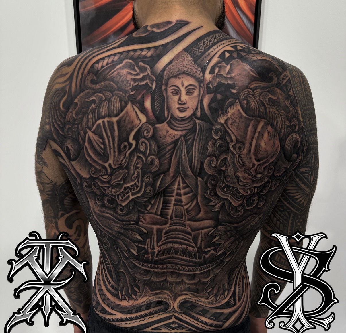 Back tattoo featuring a central figure with hands in prayer, surrounded by intricate designs and patterns, in black and gray ink.