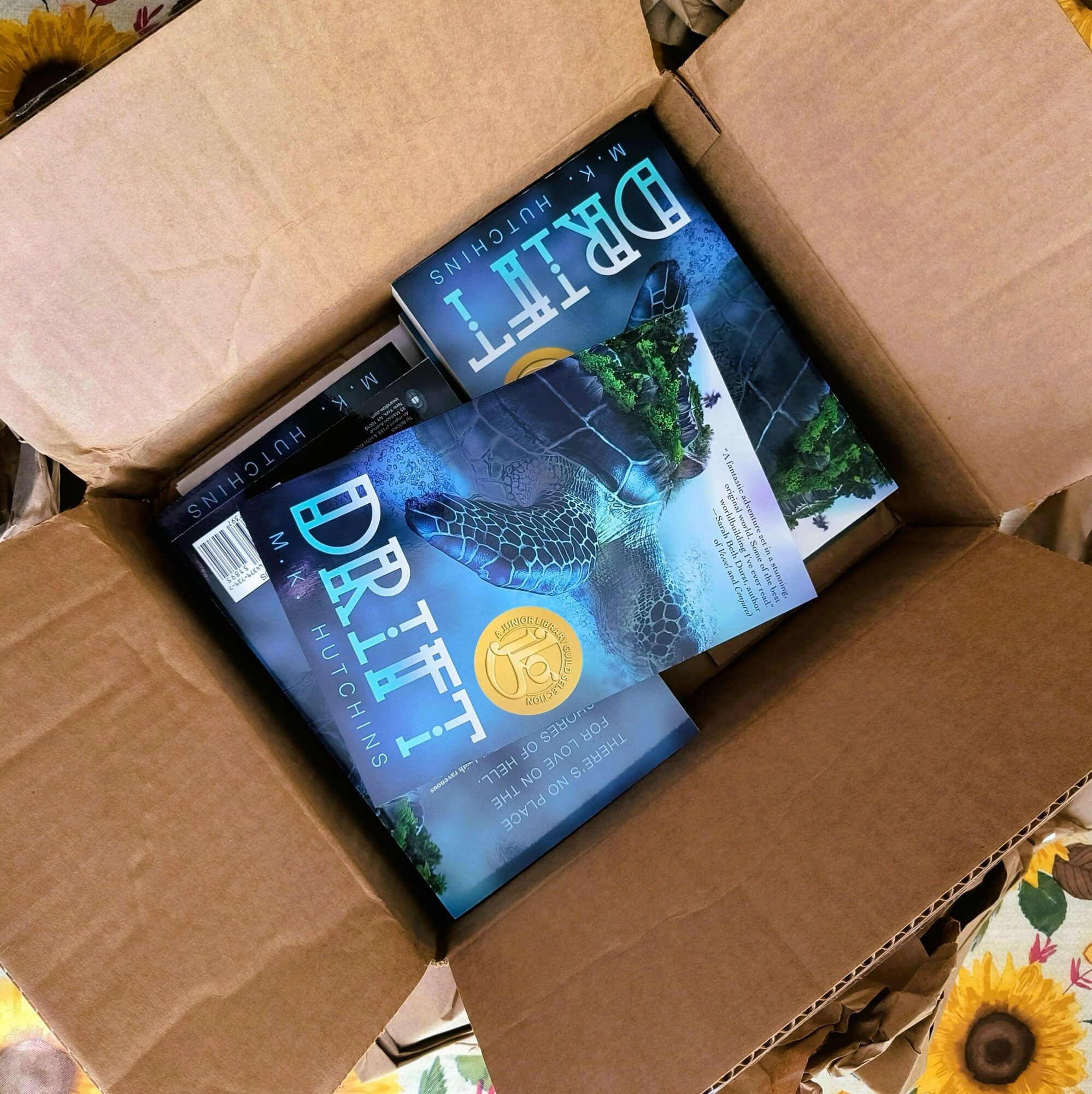 Open cardboard box containing books titled 'Draft' with images of a waterfall and a turtle, on a surface with sunflower patterns.