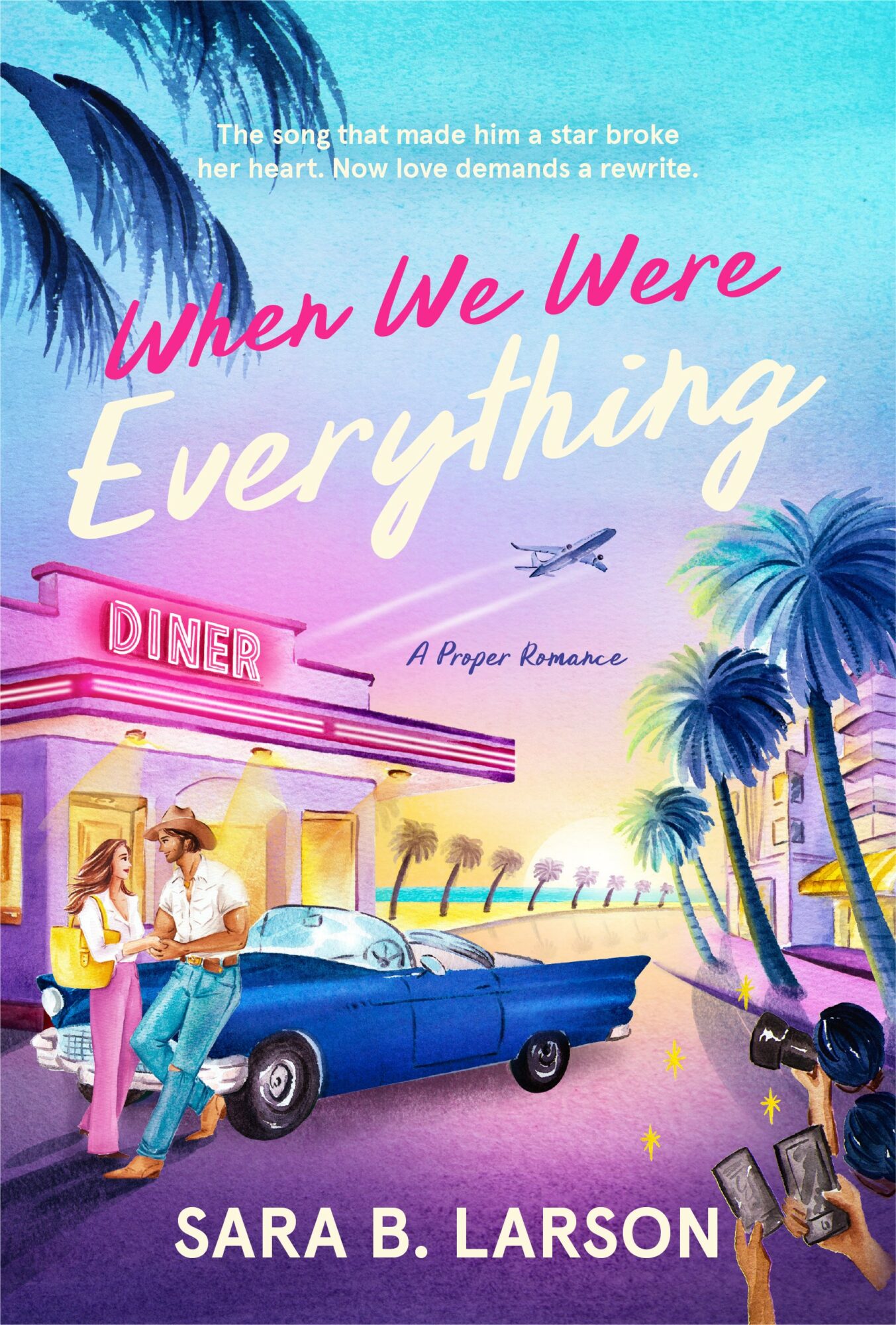 Illustration of a retro diner scene with two people, a classic car, palm trees, and a sunset sky, promoting romance.