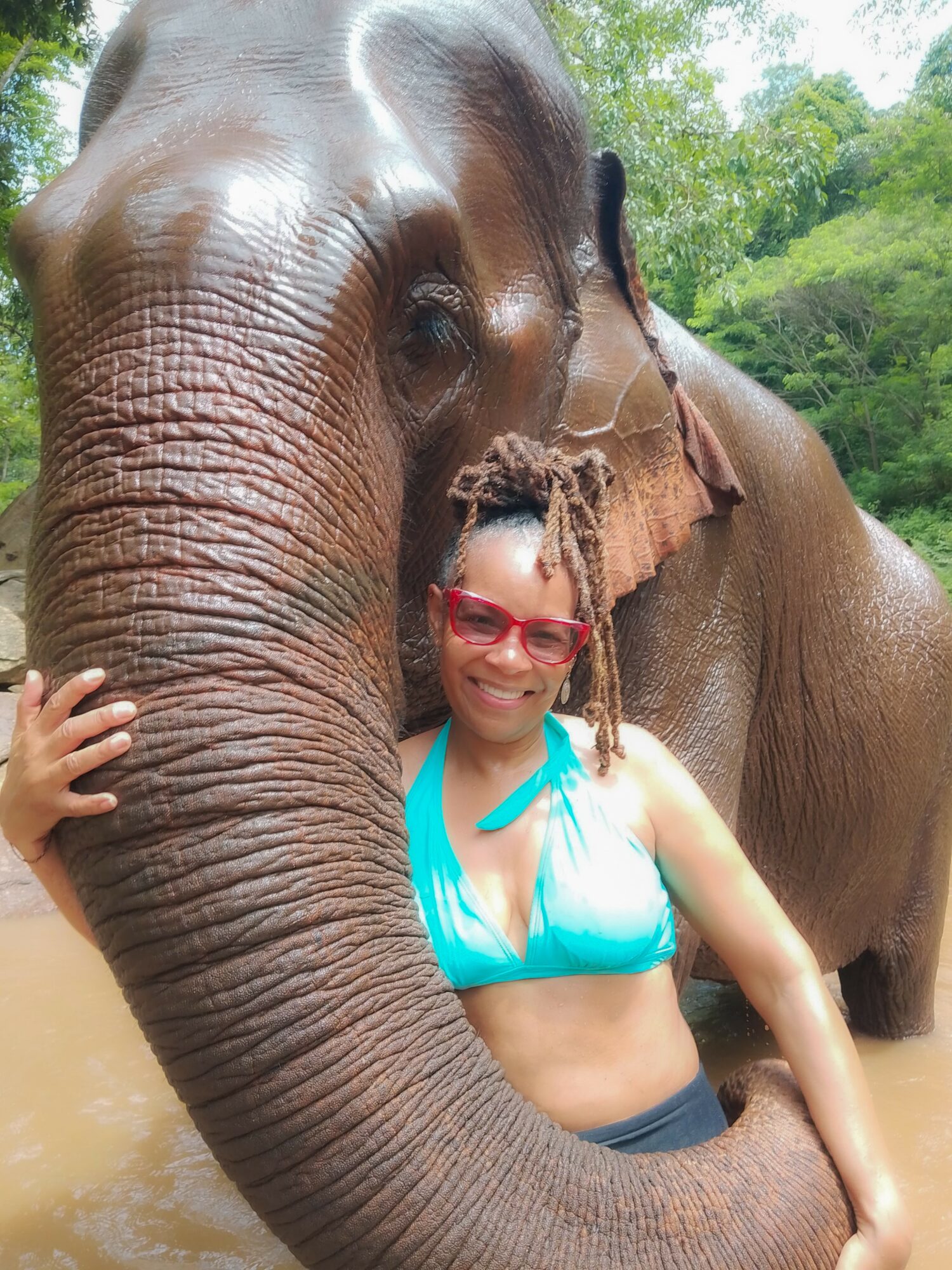 Girl with glasses hugging an elephant's trunk outdoors, trees in background, smiling, wearing a turquoise top.