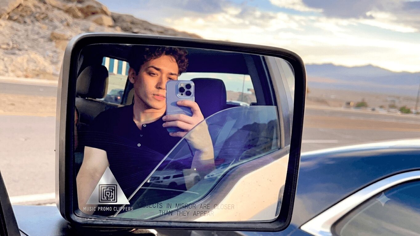 Person taking a selfie in a car's side mirror, holding a phone, with a desert landscape in the background.