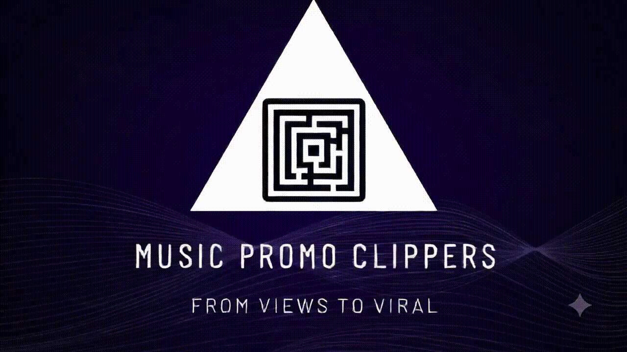 Logo with maze inside triangle, text reads 'Music Promo Clippers' and 'From Views to Viral'.