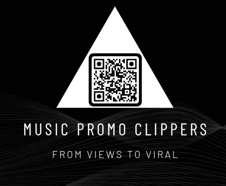 Triangular logo with a QR code in the center, text reads 'Music Promo Clippers' and 'From Views to Viral'.