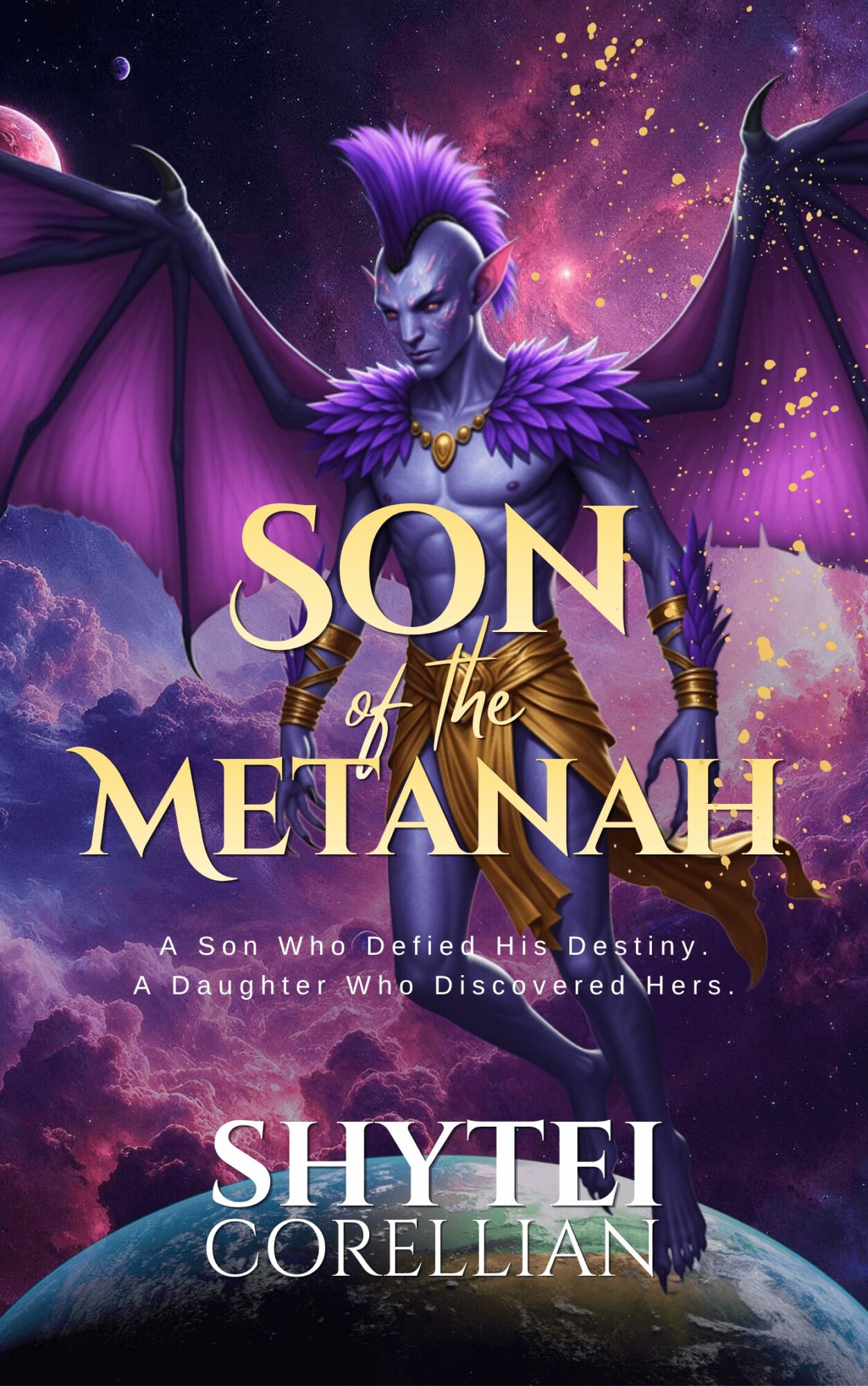 A purple winged creature with a mohawk stands against a cosmic background, with the title and author text overlaid.
