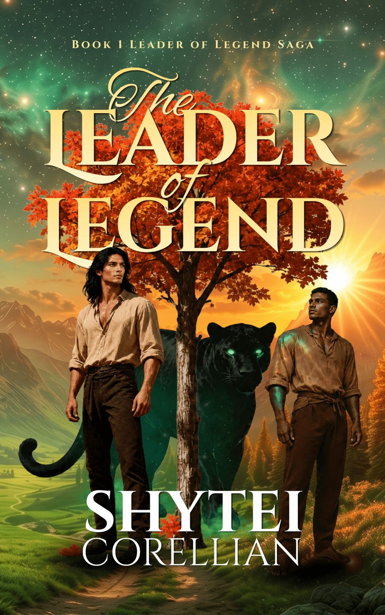 Book cover with a large tree, two people, a black panther, and a sunset background, title and author text.