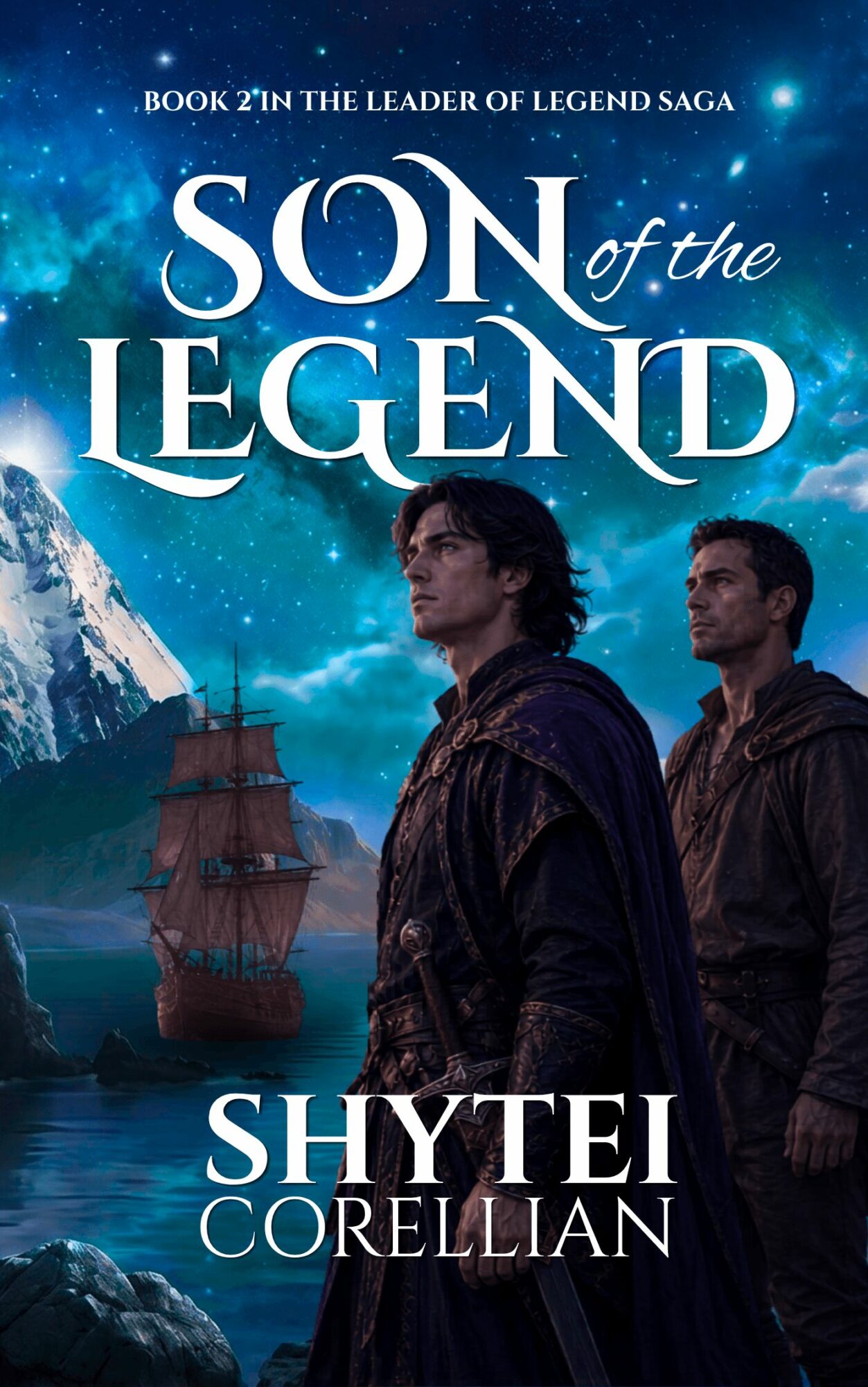 Two men stand in front of a ship on a lake with mountains and a starry sky in the background.