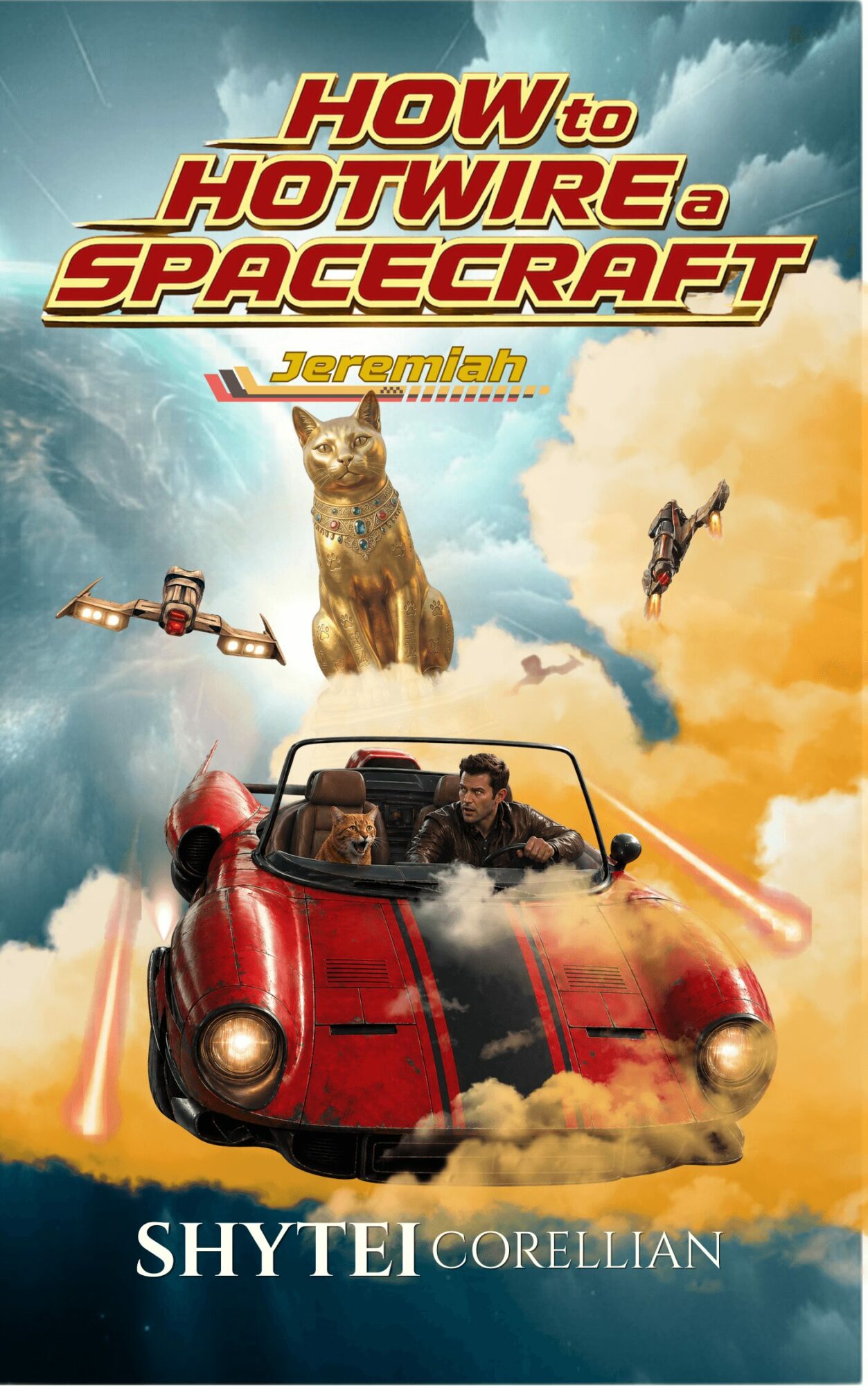 Book cover titled 'How to Hotwire a Spacecraft' with a red car, a dog, a person, and a spaceship in the sky.
