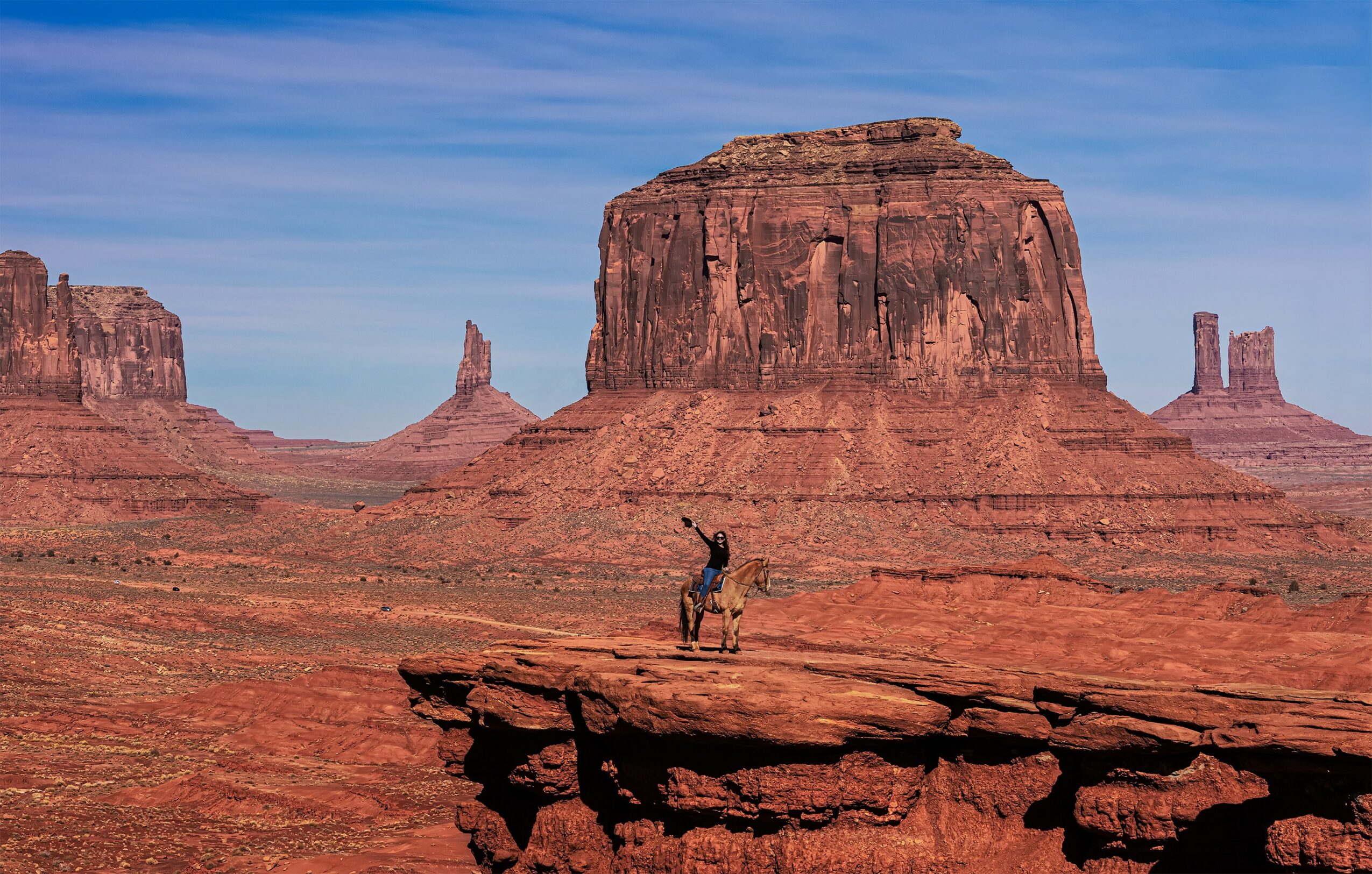 A donkey stands on a rock ledge in a desert landscape with large rock formations and mesas in the background.