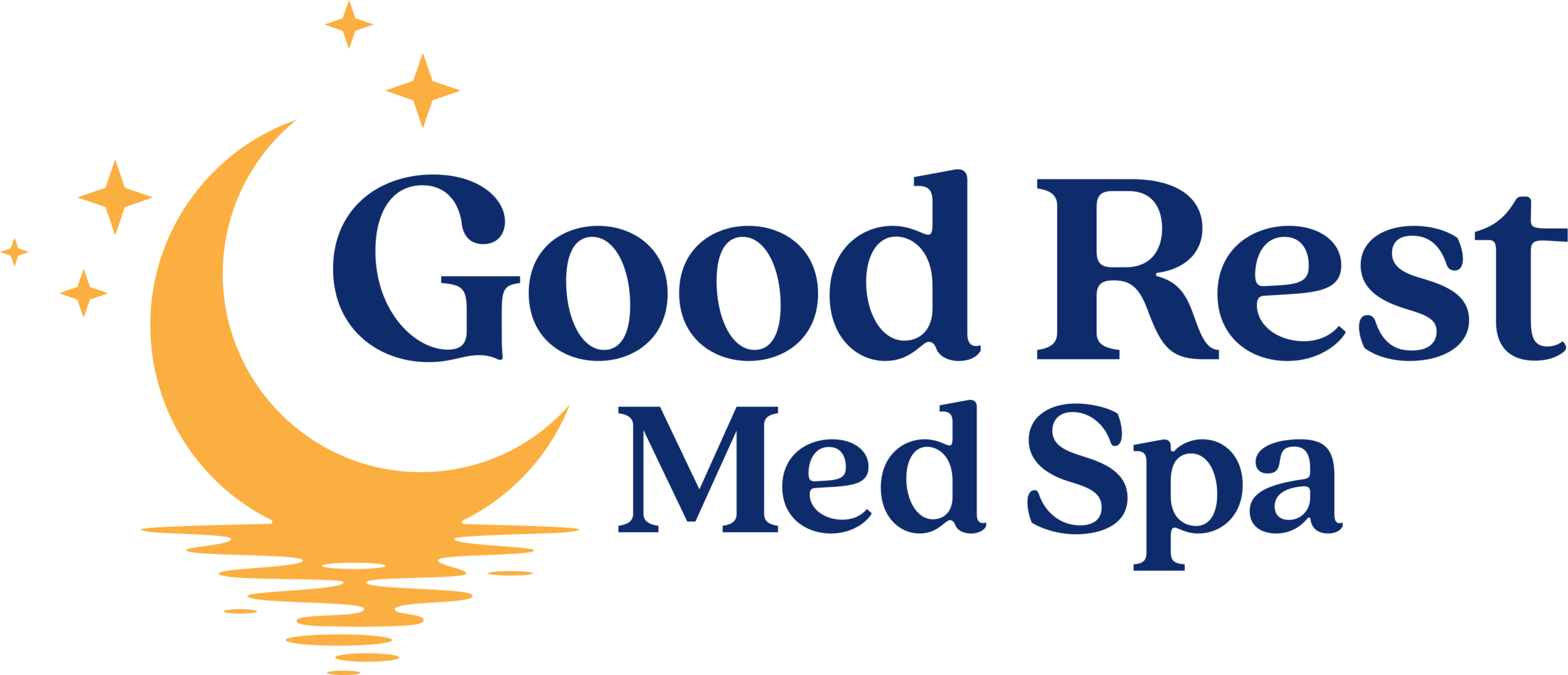 Logo with crescent moon, stars, and water, with text 'Good Rest Med Spa'.