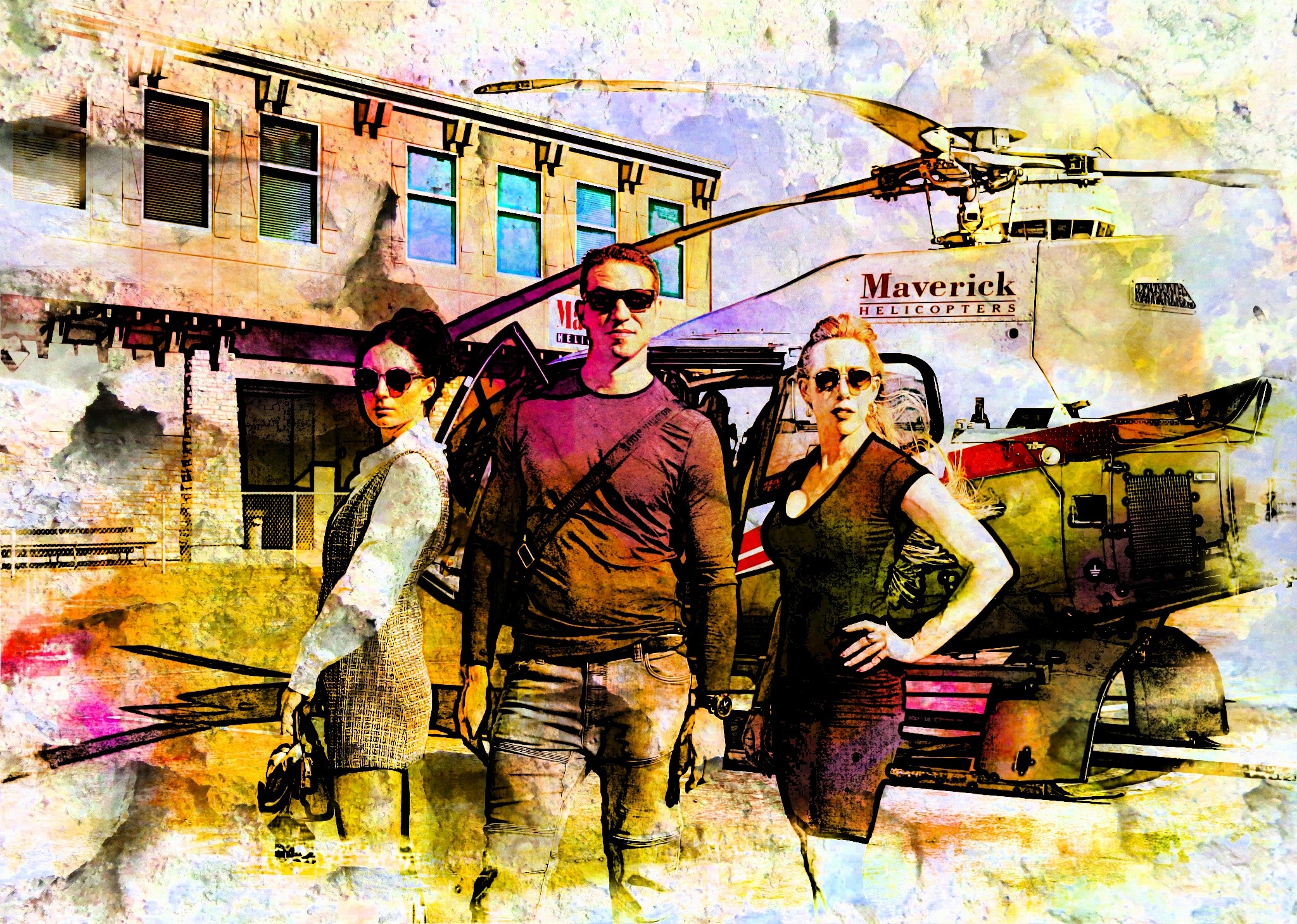 Three people stand in front of a building with a helicopter and a helicopter model behind them, colorful watercolor effect.