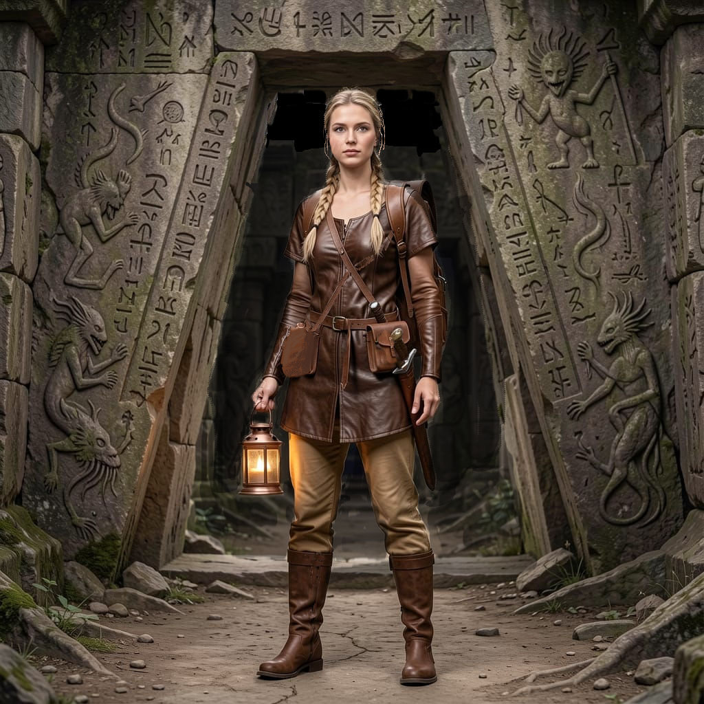 Woman in adventure outfit stands in ancient stone doorway with carvings, holding a lantern, surrounded by moss and ruins.