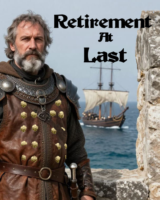 Older man in medieval armor stands near stone wall with ship sailing in background, sky is clear.