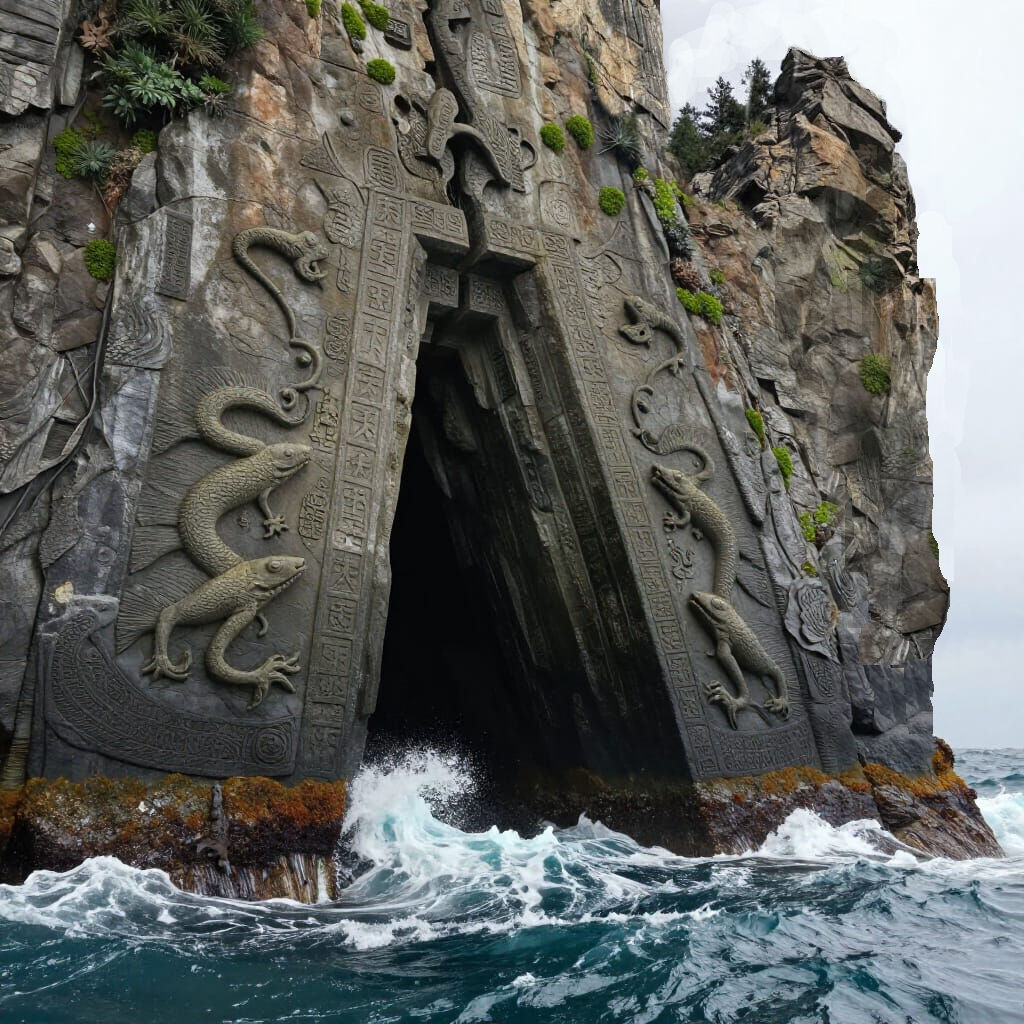 Ancient stone entrance with carved serpents on rocky cliffside, waves crashing at base, cloudy sky in background.