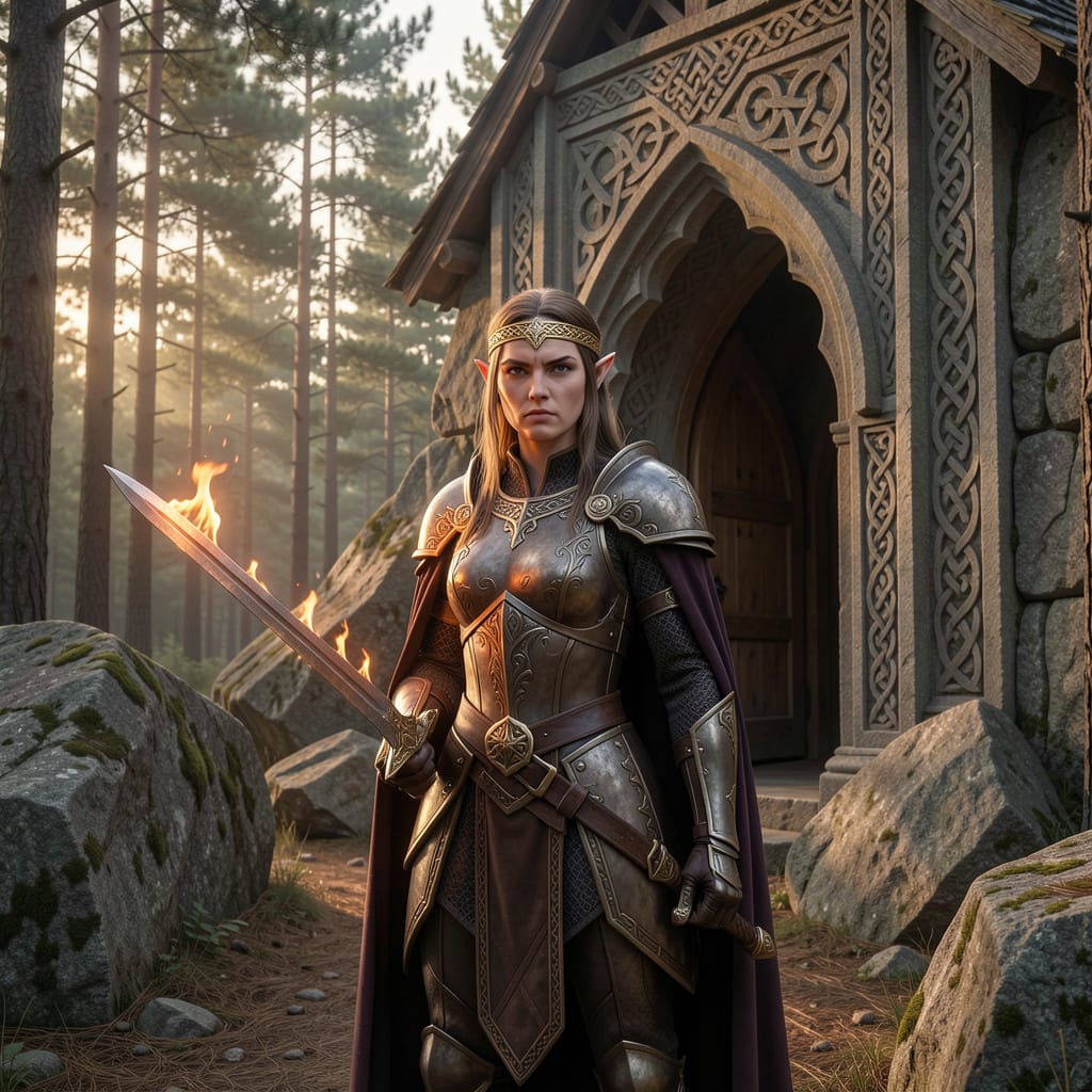 Female warrior in armor holding a flaming sword in a forest near a wooden building, sunlight filtering through trees.
