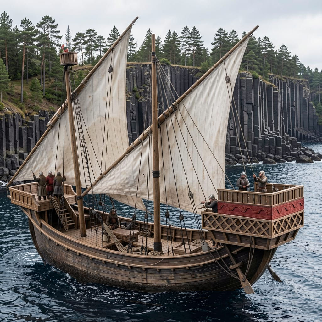 Model ship with sails, rigging, and a detailed deck, sailing near rocky cliffs and water. Word count: 20.