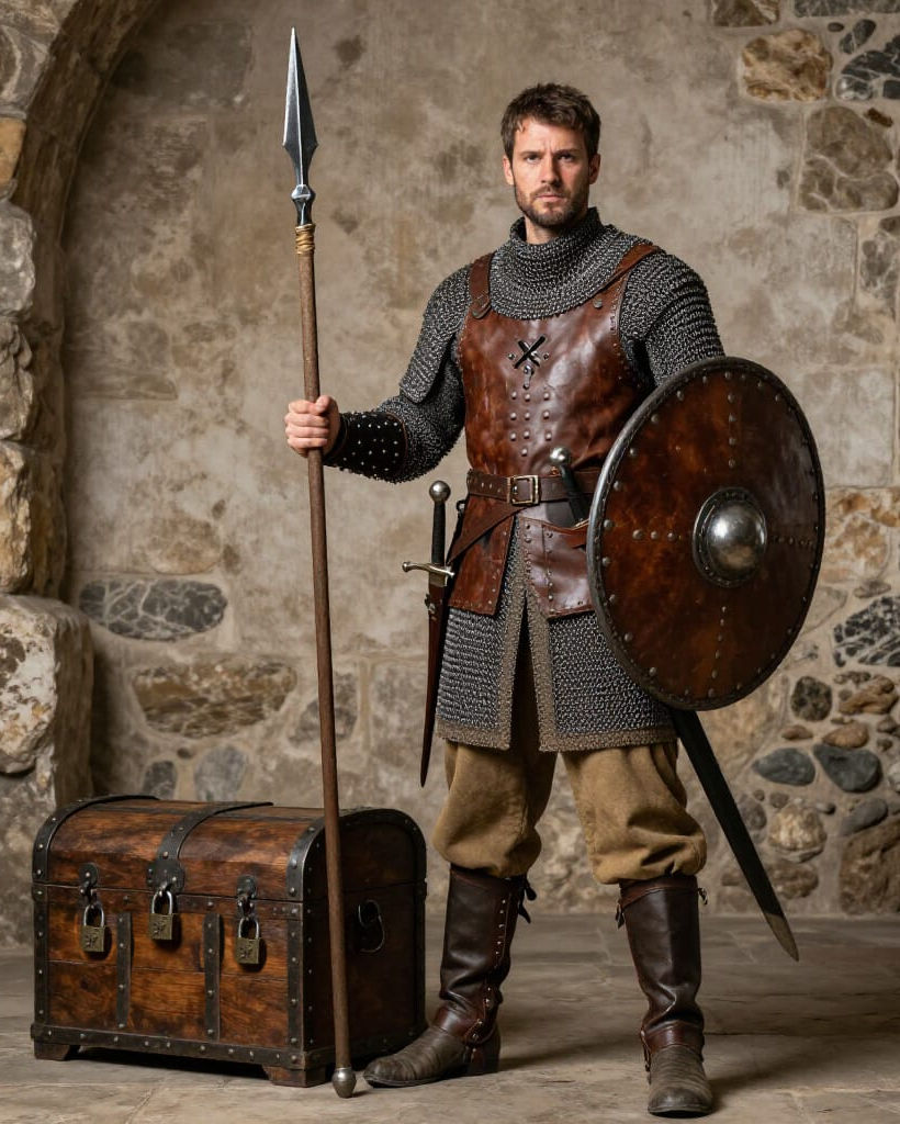 Man dressed as medieval knight holding spear and shield, standing next to a chest against stone wall.
