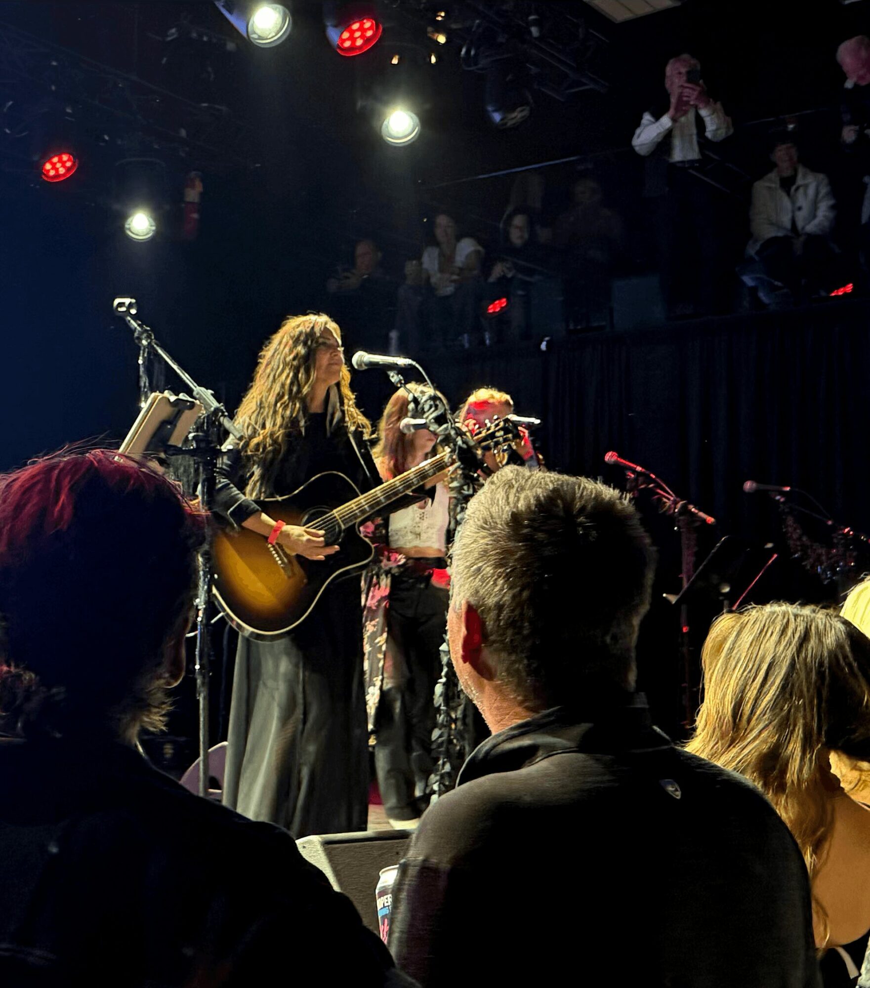 Musicians perform on stage with audience watching, stage lights shining down, in a dark venue.