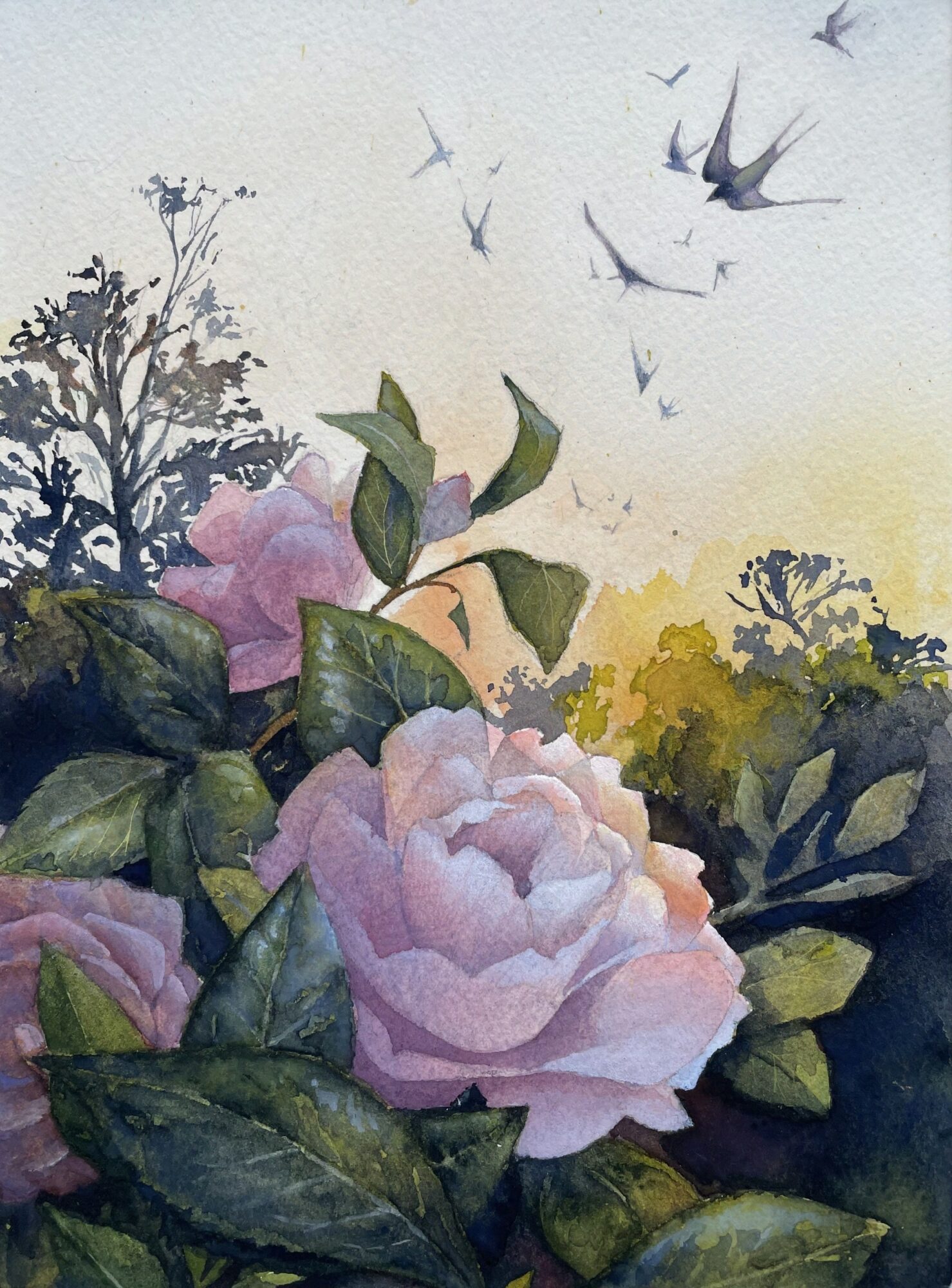 Pink roses with green leaves, trees, and flying birds in a natural landscape, sky in background.