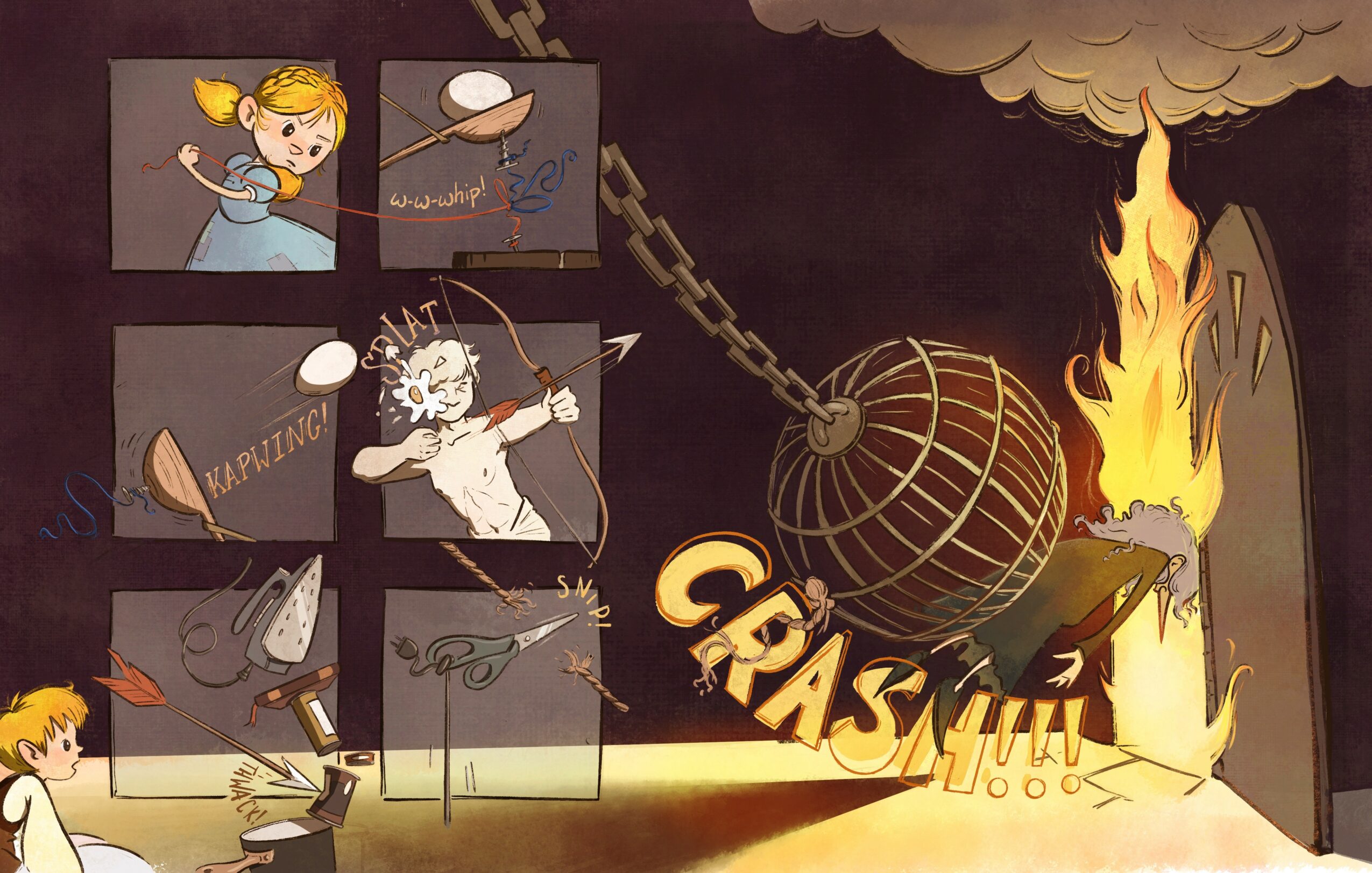 A cartoon scene with a girl, a man, and a boy, showing a large ball crashing into a fire, with smaller images of a girl, a hat, a butterfly, and a man with a bow. The scene is dark with a fiery explosion.